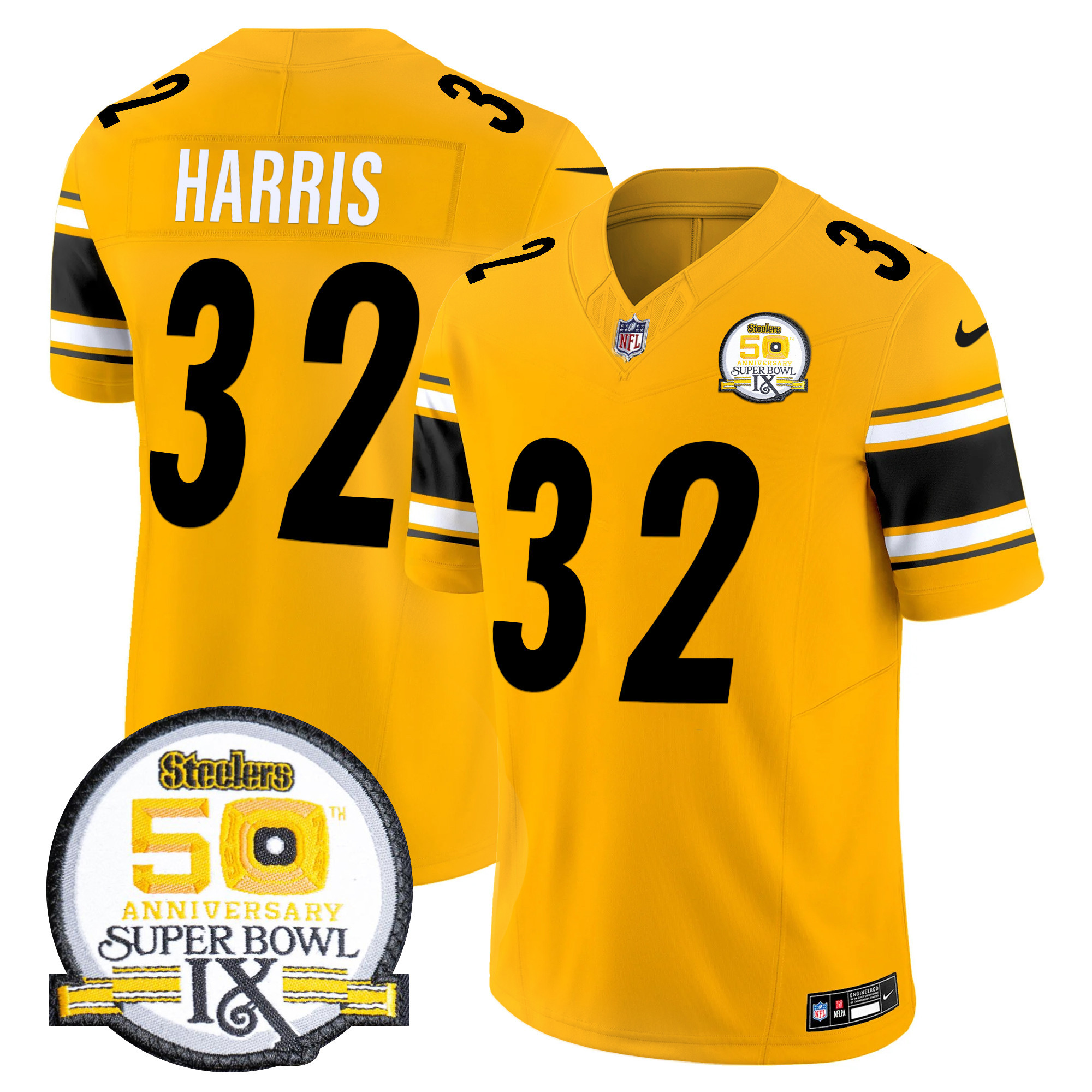 Men's Franco Harris Pittsburgh Steelers 50th Anniversary Of Super Bowl IX Patch Vapor Limited Gold Jersey - All Stitched