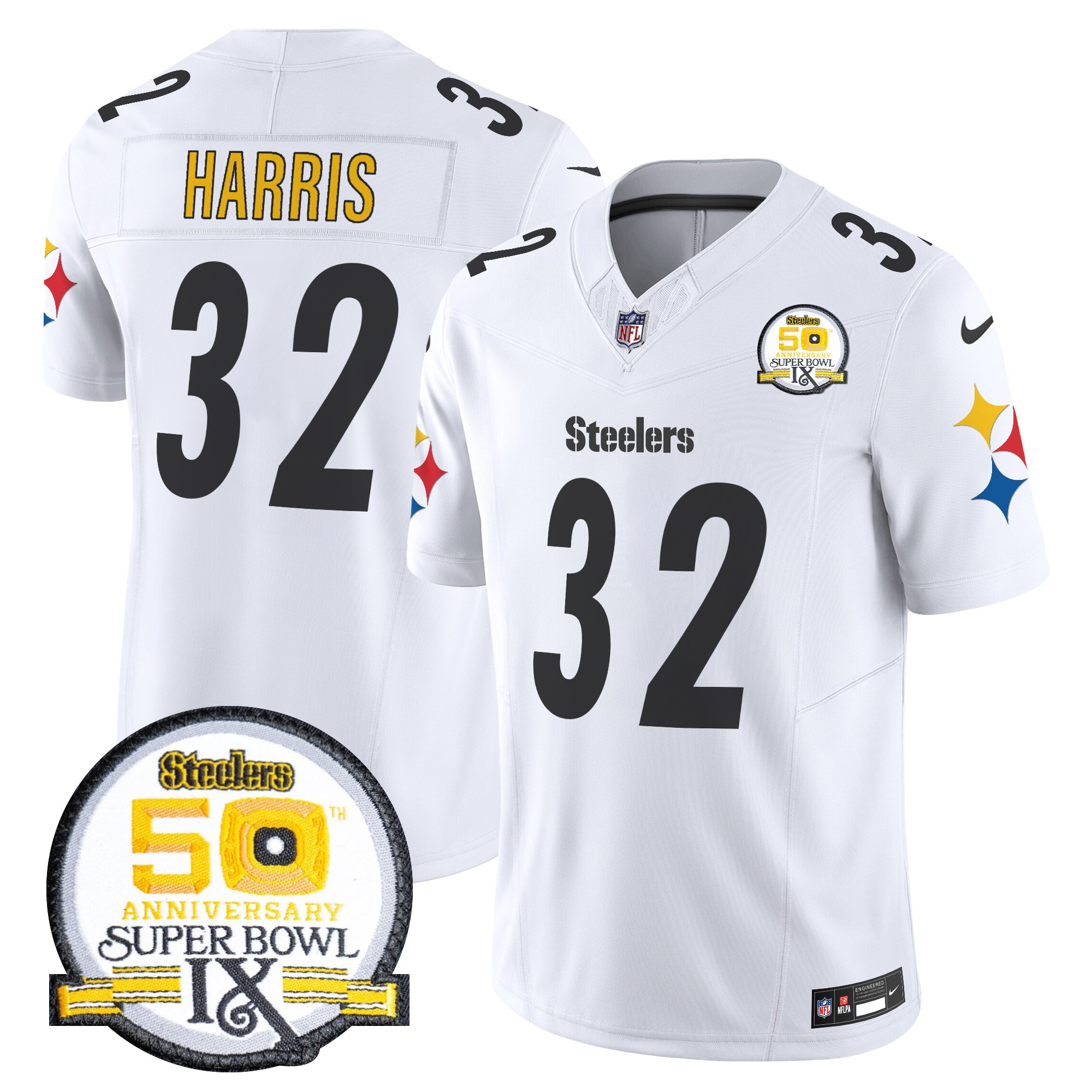 Men's Franco Harris Pittsburgh Steelers 50th Anniversary Of Super Bowl IX Patch Vapor Limited White Jersey - All Stitched