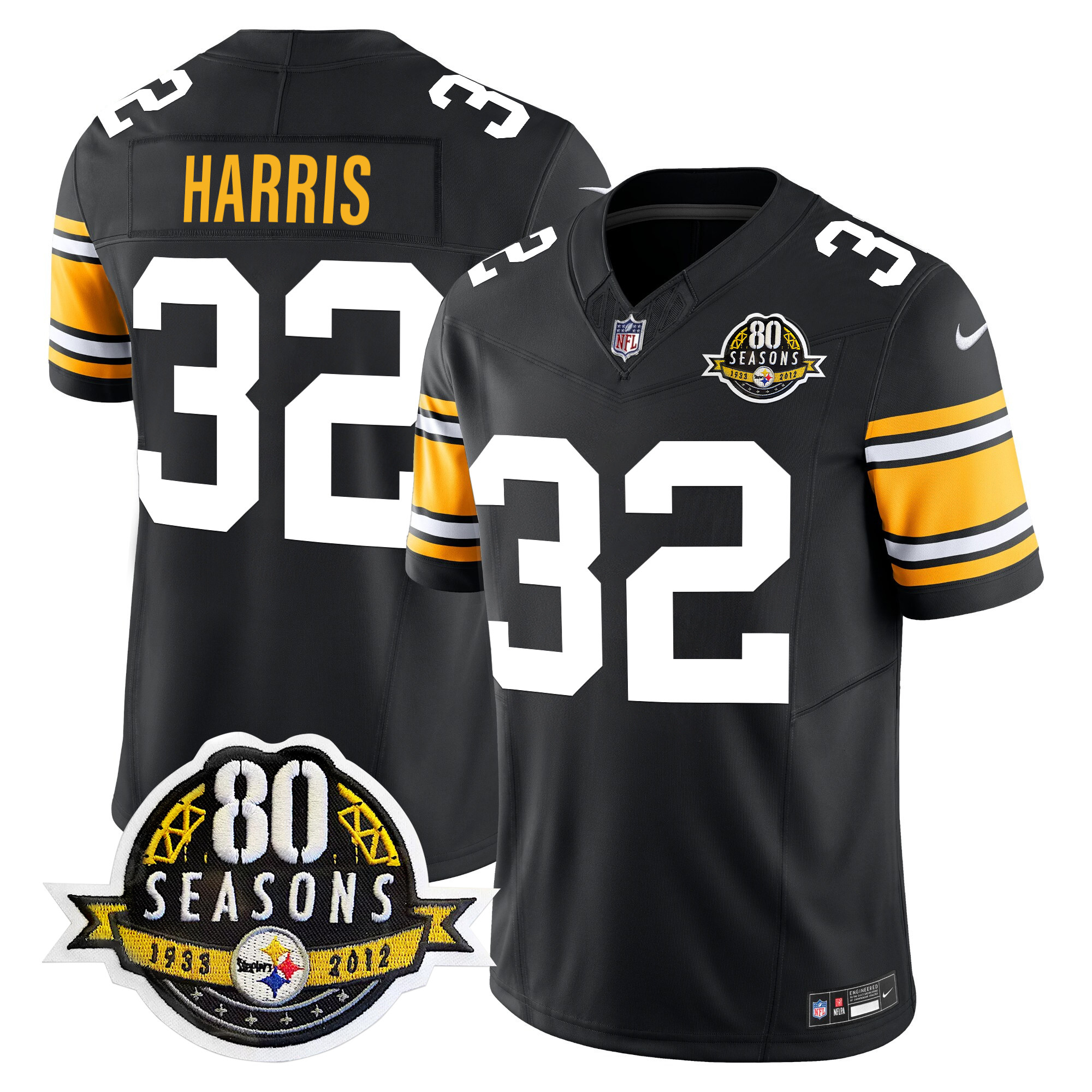 Men's Franco Harris Pittsburgh Steelers 80th Anniversary Patch Vapor Limited 1975 Throwback Jersey - All Stitched