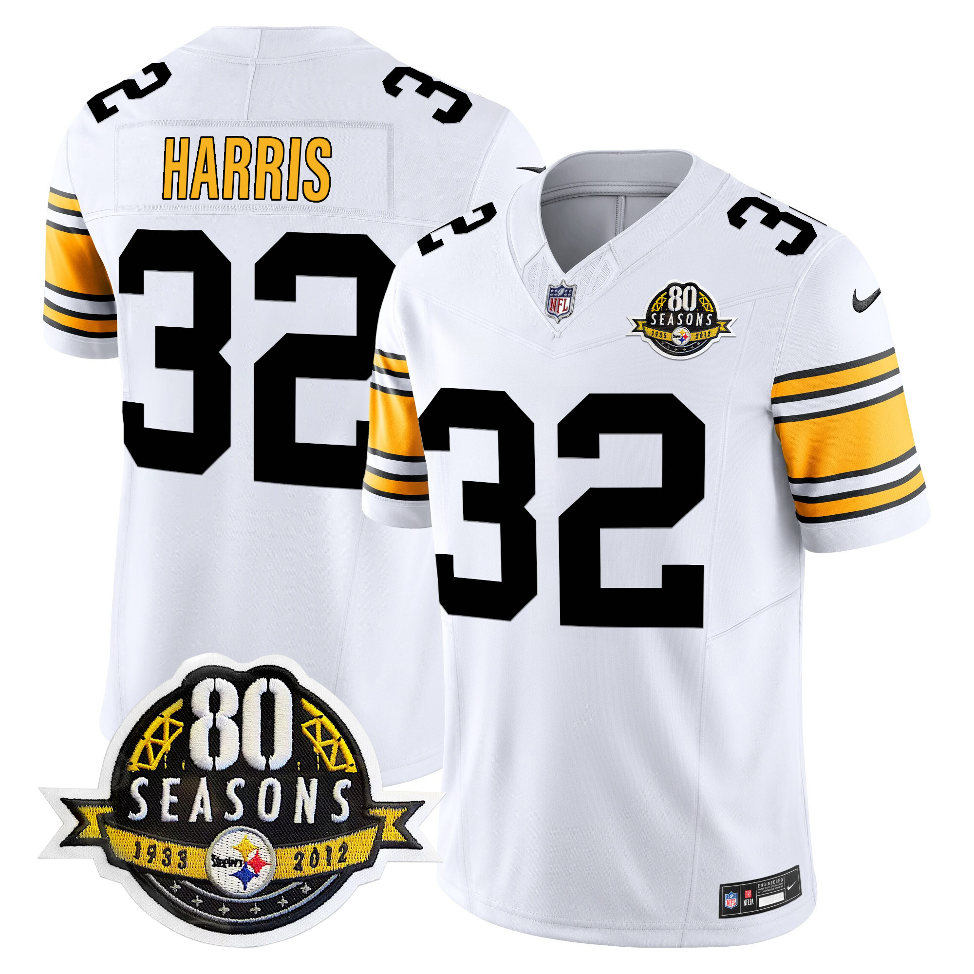 Men's Franco Harris Pittsburgh Steelers 80th Anniversary Patch Vapor Limited 1975 White Jersey - All Stitched