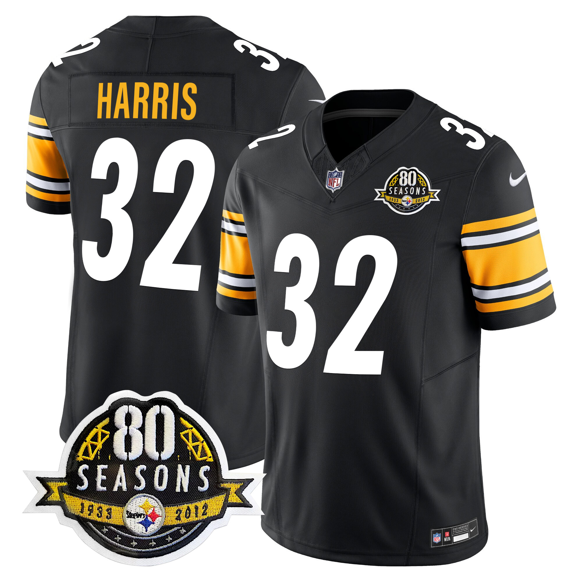 Men's Franco Harris Pittsburgh Steelers 80th Anniversary Patch Vapor Limited Black Jersey - All Stitched