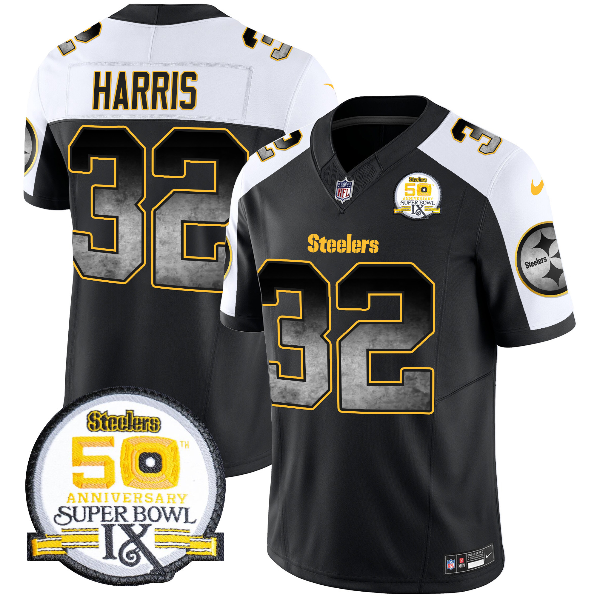 Men's Franco Harris Pittsburgh Steelers Arch Smoke 50th Anniversary Of Super Bowl IX Patch Vapor Limited Alternate Jersey - All Stitched