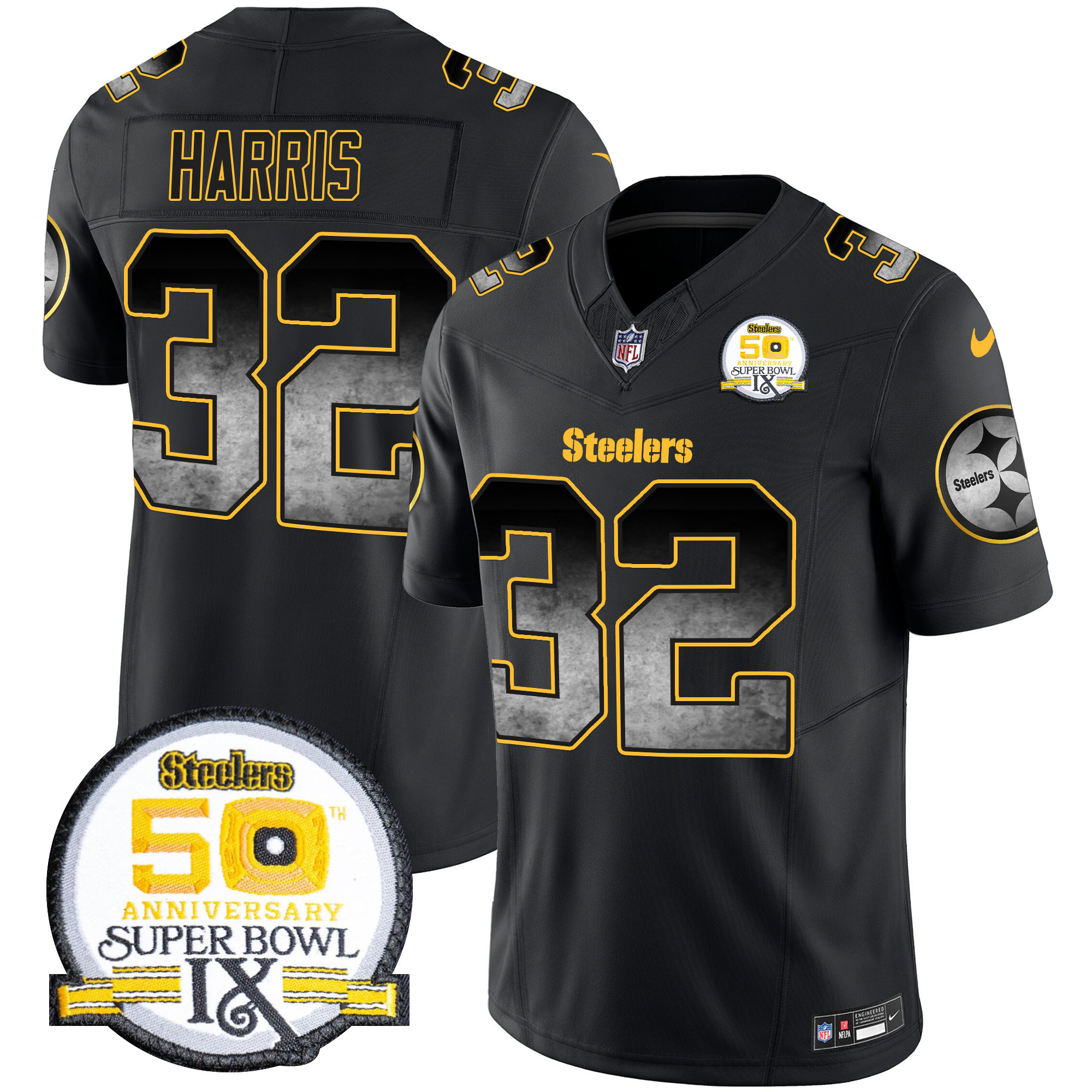 Men's Franco Harris Pittsburgh Steelers Arch Smoke 50th Anniversary Of Super Bowl IX Patch Vapor Limited Black Jersey - All Stitched