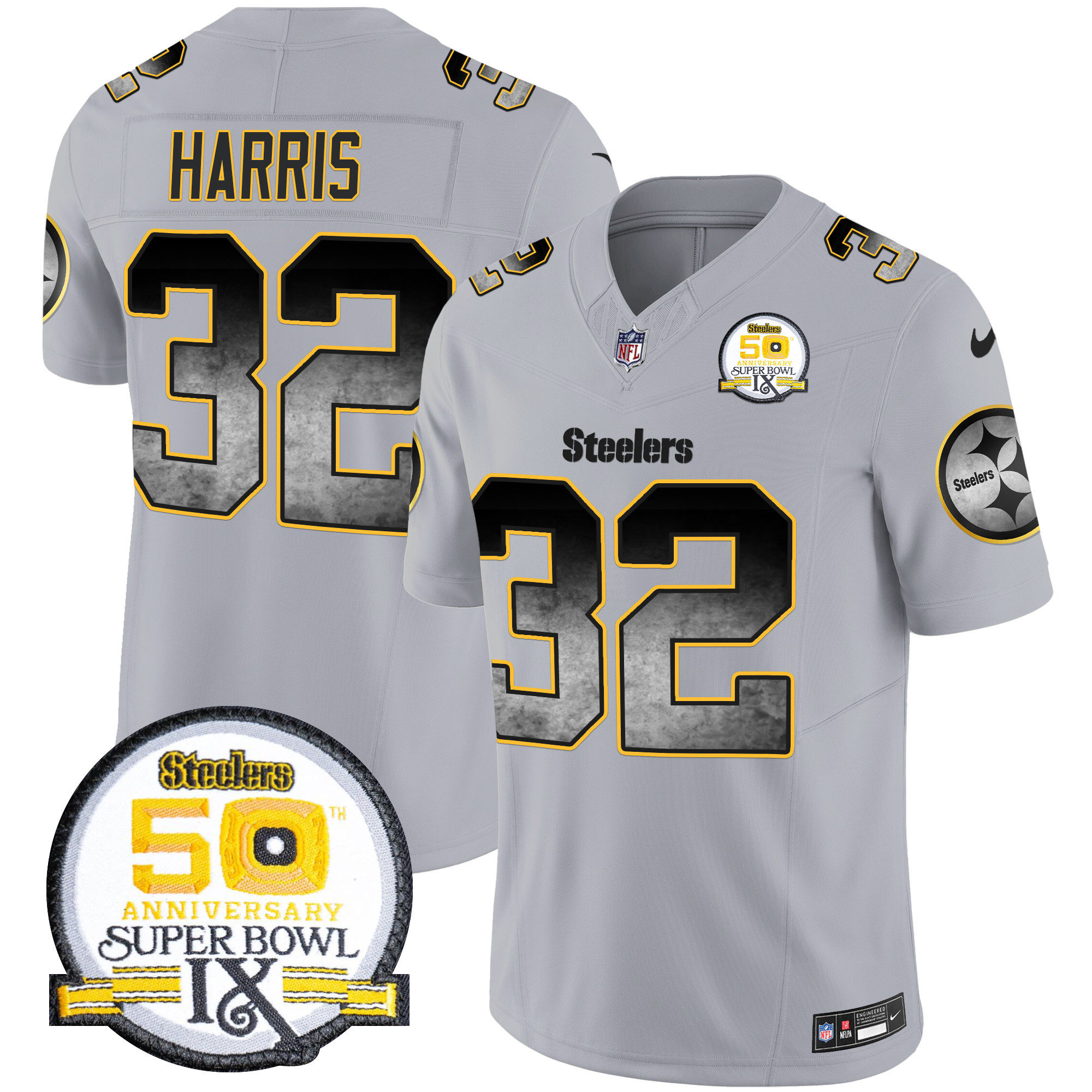Men's Franco Harris Pittsburgh Steelers Arch Smoke 50th Anniversary Of Super Bowl IX Patch Vapor Limited Gray Jersey - All Stitched
