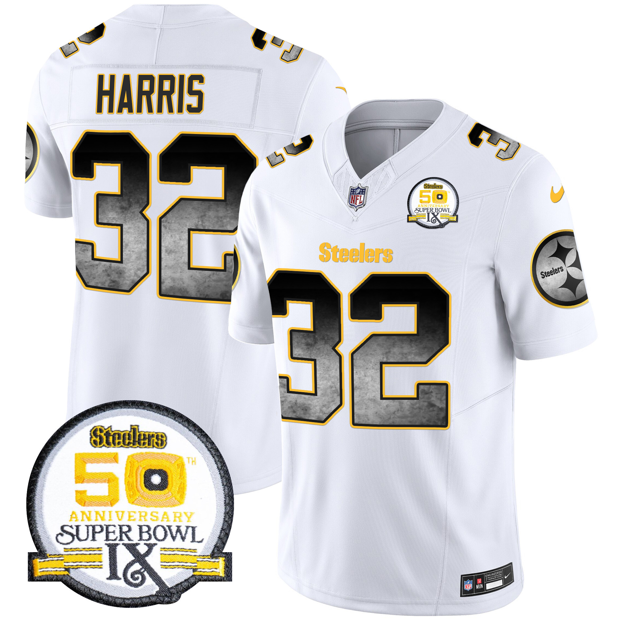 Men's Franco Harris Pittsburgh Steelers Arch Smoke 50th Anniversary Of Super Bowl IX Patch Vapor Limited White Jersey - All Stitched