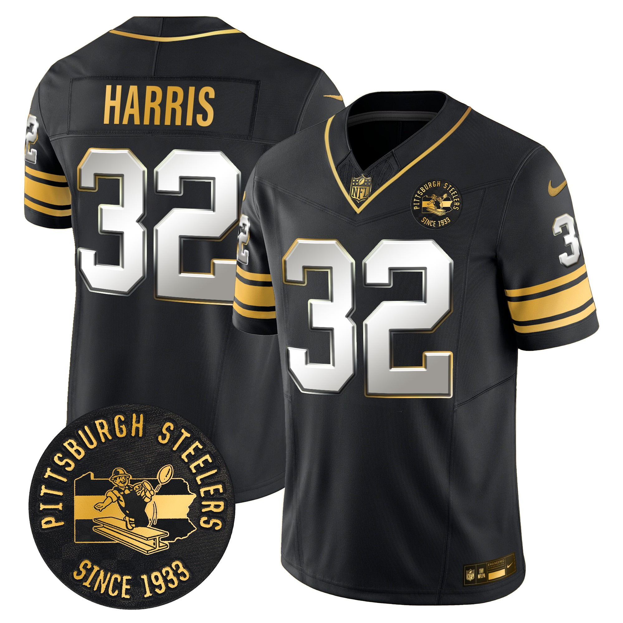 Men's Franco Harris Pittsburgh Steelers Throwback 1933 Patch Gold Vapor Limited Black Limited Jersey - All Stitched