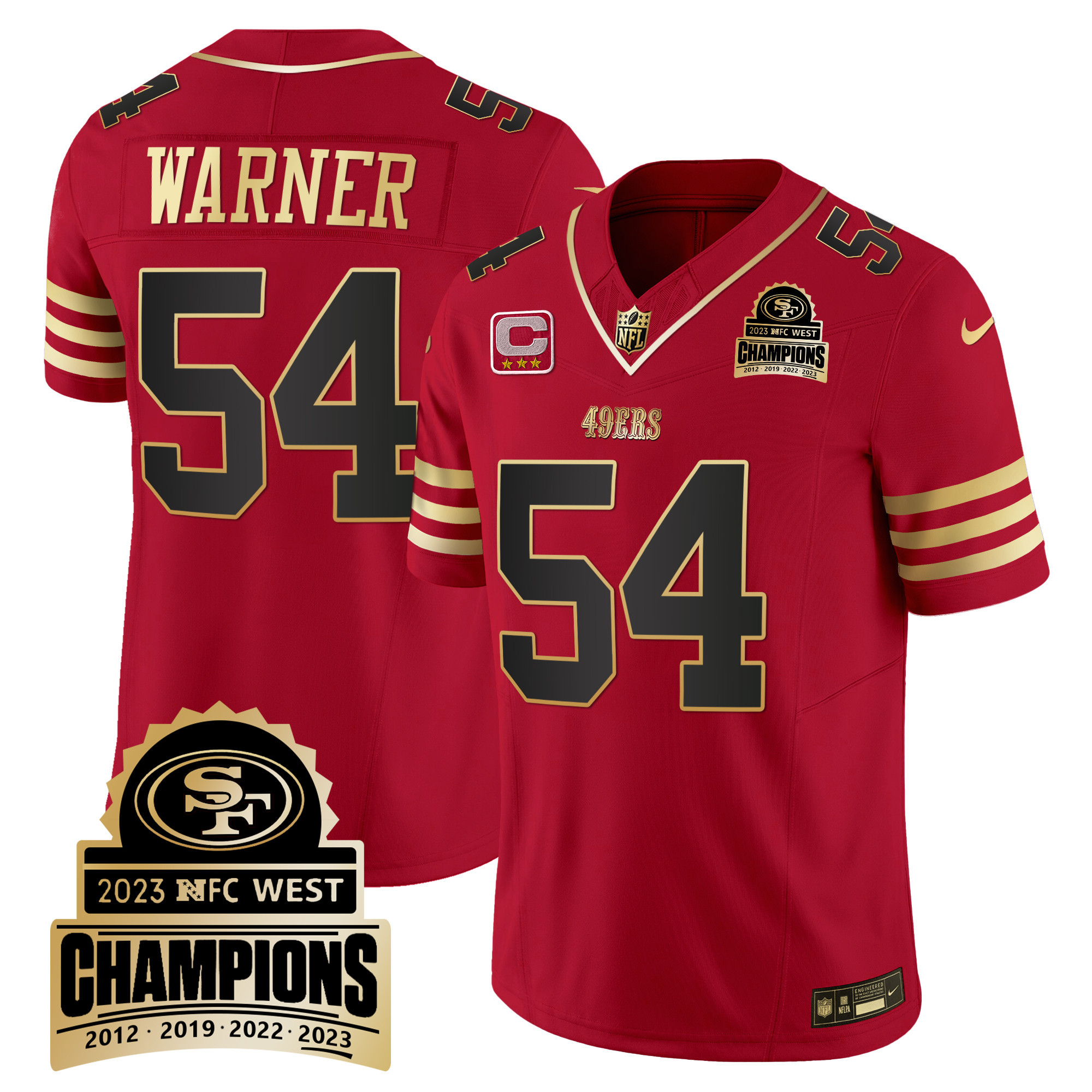 Men's Fred Warner San Francisco 49ers 2023 NFC West Champions Patch Vapor Black Scarlet Jersey V4 - All Stitched