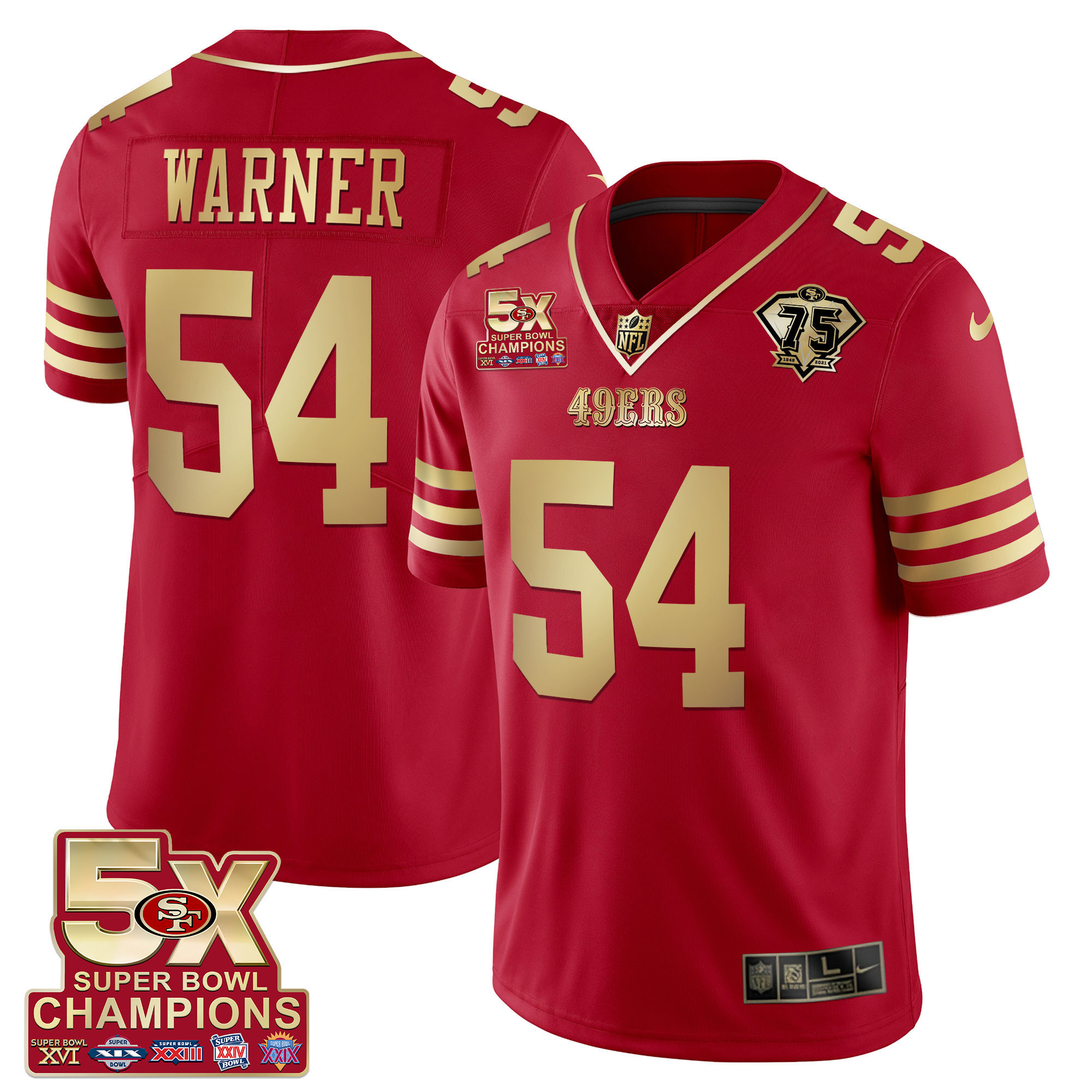Men's Fred Warner San Francisco 49ers 5x Super Bowl Patch Black Red Vapor Red Gold Jersey - Stitched