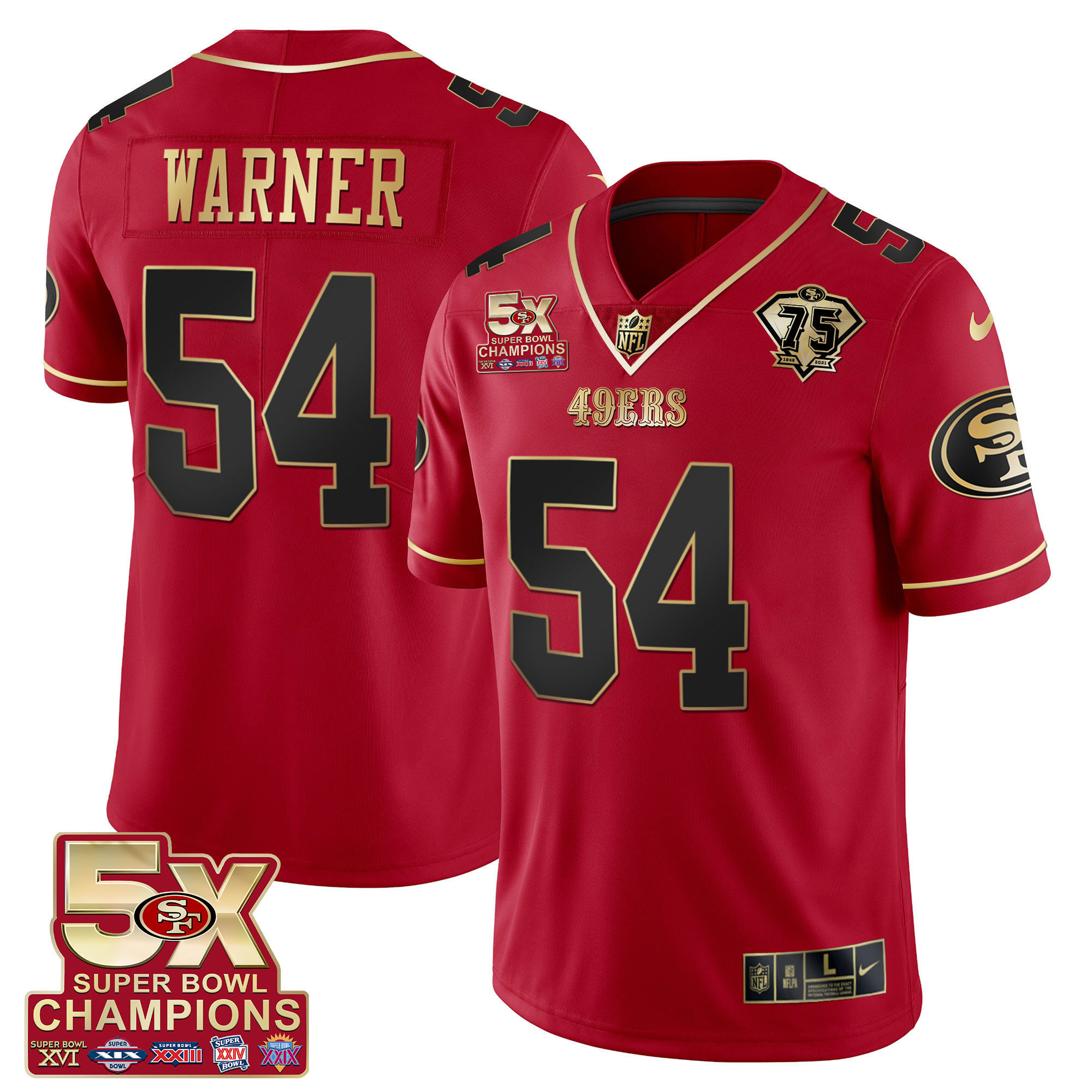 Men's Fred Warner San Francisco 49ers 5x Super Bowl Patch Black Red Vapor Red Limited Jersey - Stitched