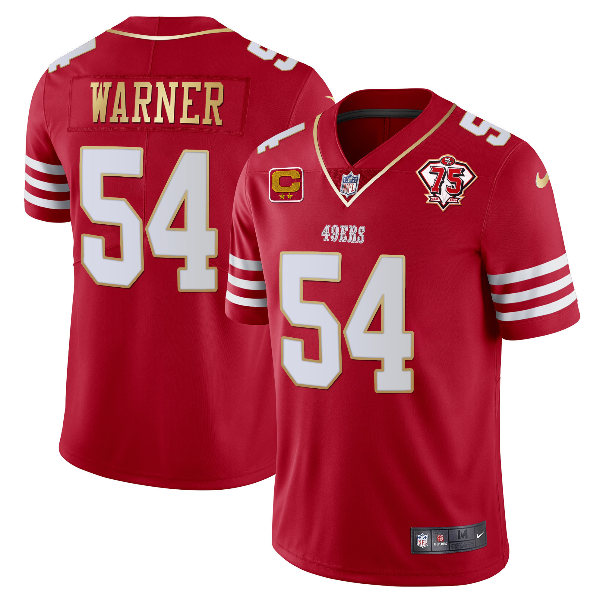 Men's Fred Warner San Francisco 49ers 75th Anniversary Patch Vapor Gold Trim Red Gold Jersey - All Stitched