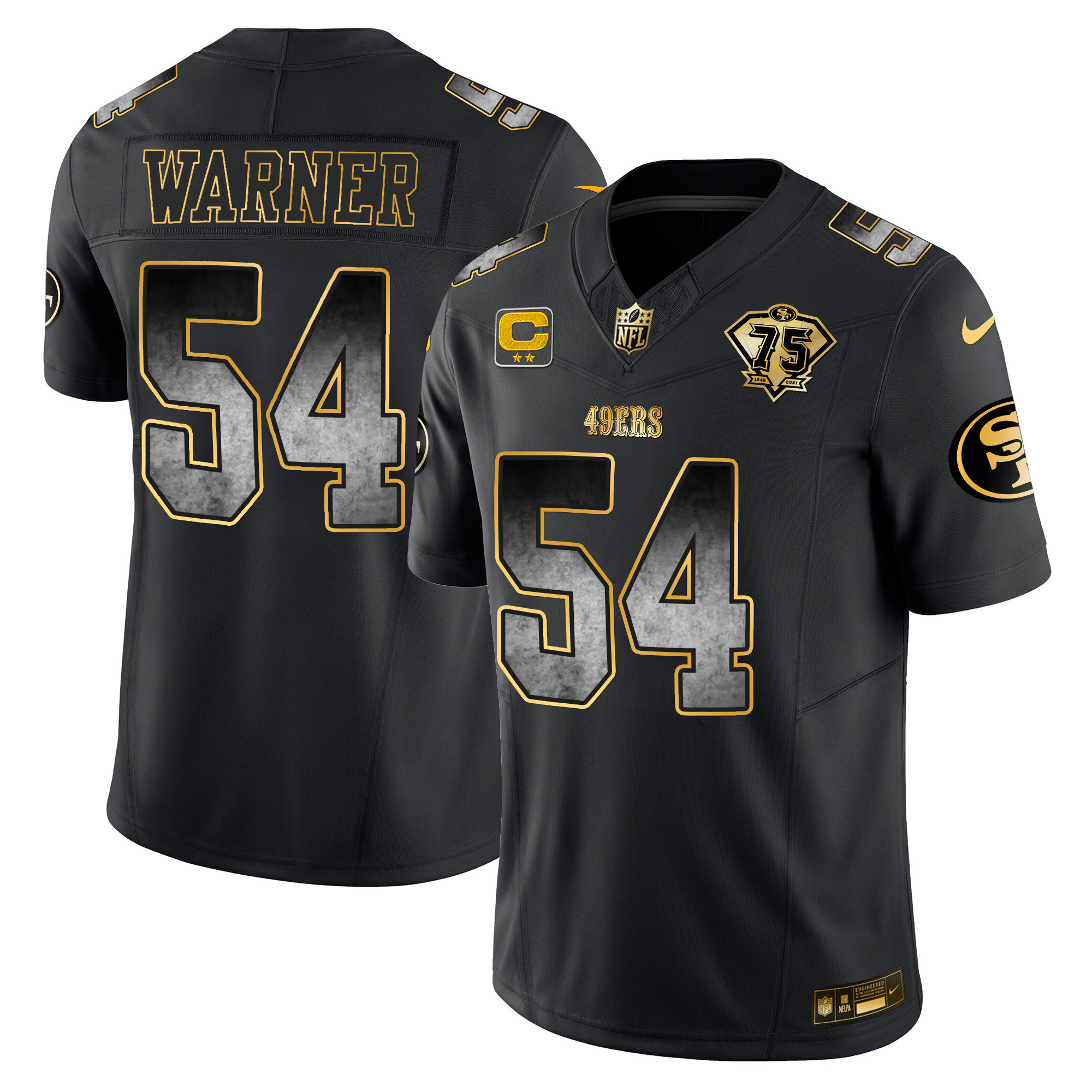 Men's Fred Warner San Francisco 49ers Arch Smoke Vapor Black Gold Jersey - All Stitched