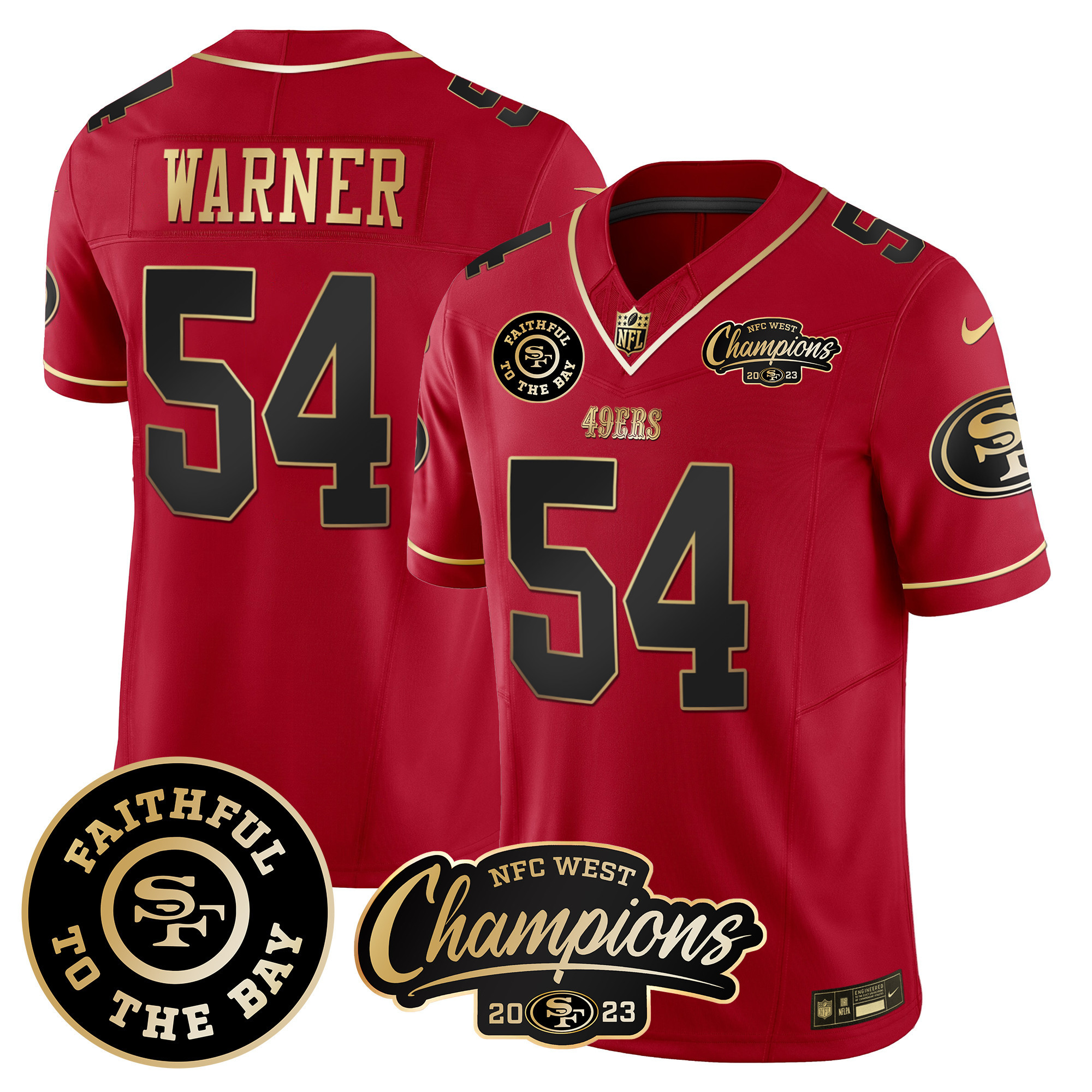 Men's Fred Warner San Francisco 49ers Faithful & 2023 NFC West Champions Patch Vapor Scarlet Limited Jersey - All Stitched
