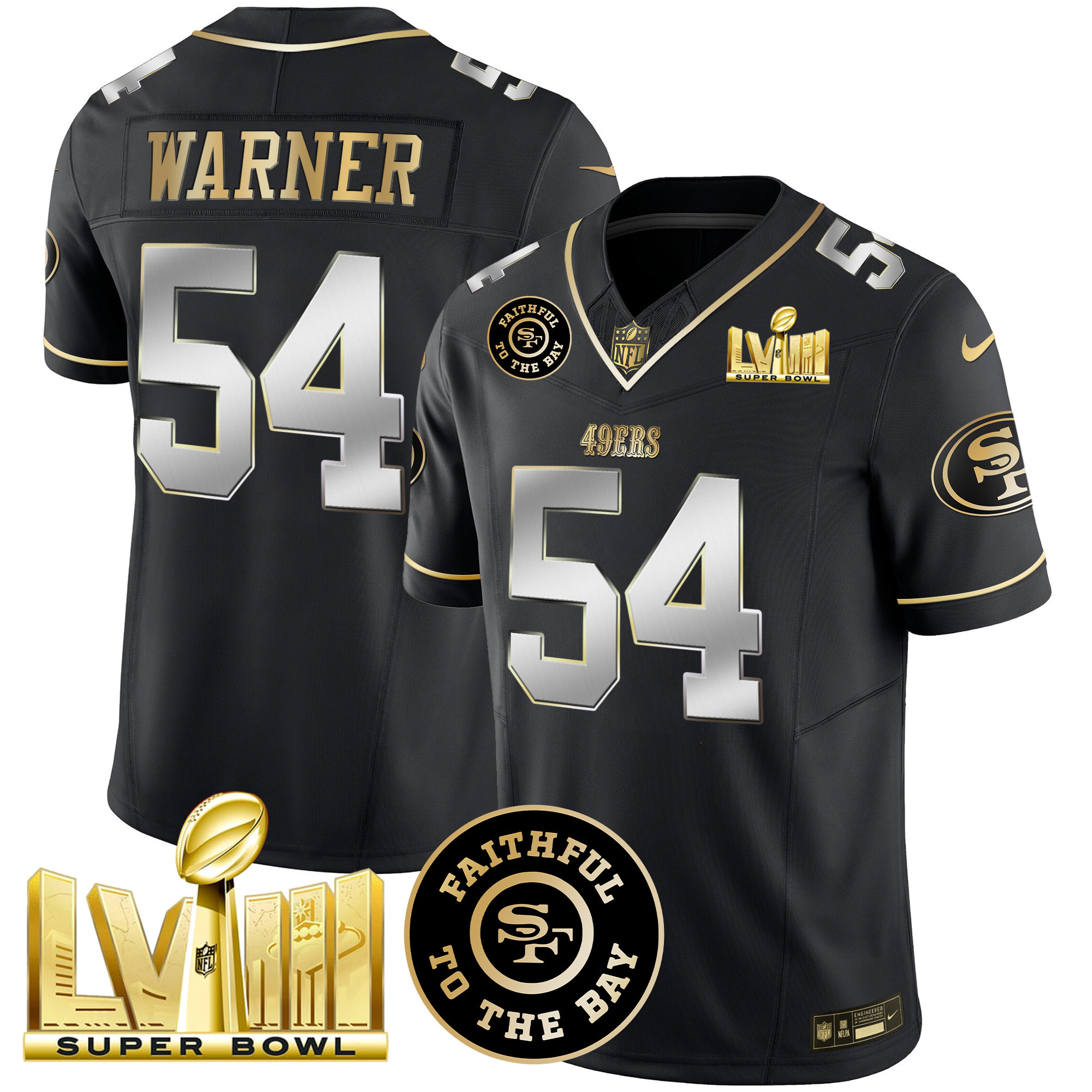 Men's Fred Warner San Francisco 49ers Faithful & Super Bowl LVIII Gold Patch Vapor Black Limited Jersey - All Stitched