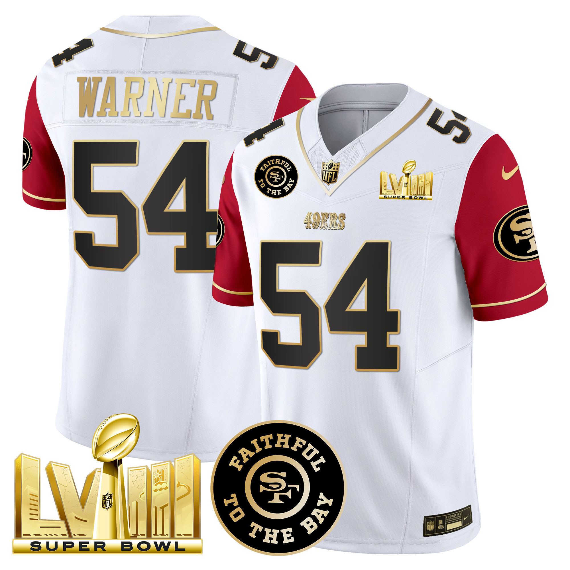 Men's Fred Warner San Francisco 49ers Faithful & Super Bowl LVIII Gold Patch Vapor Color Sleeves Jersey V2 - All Stitched