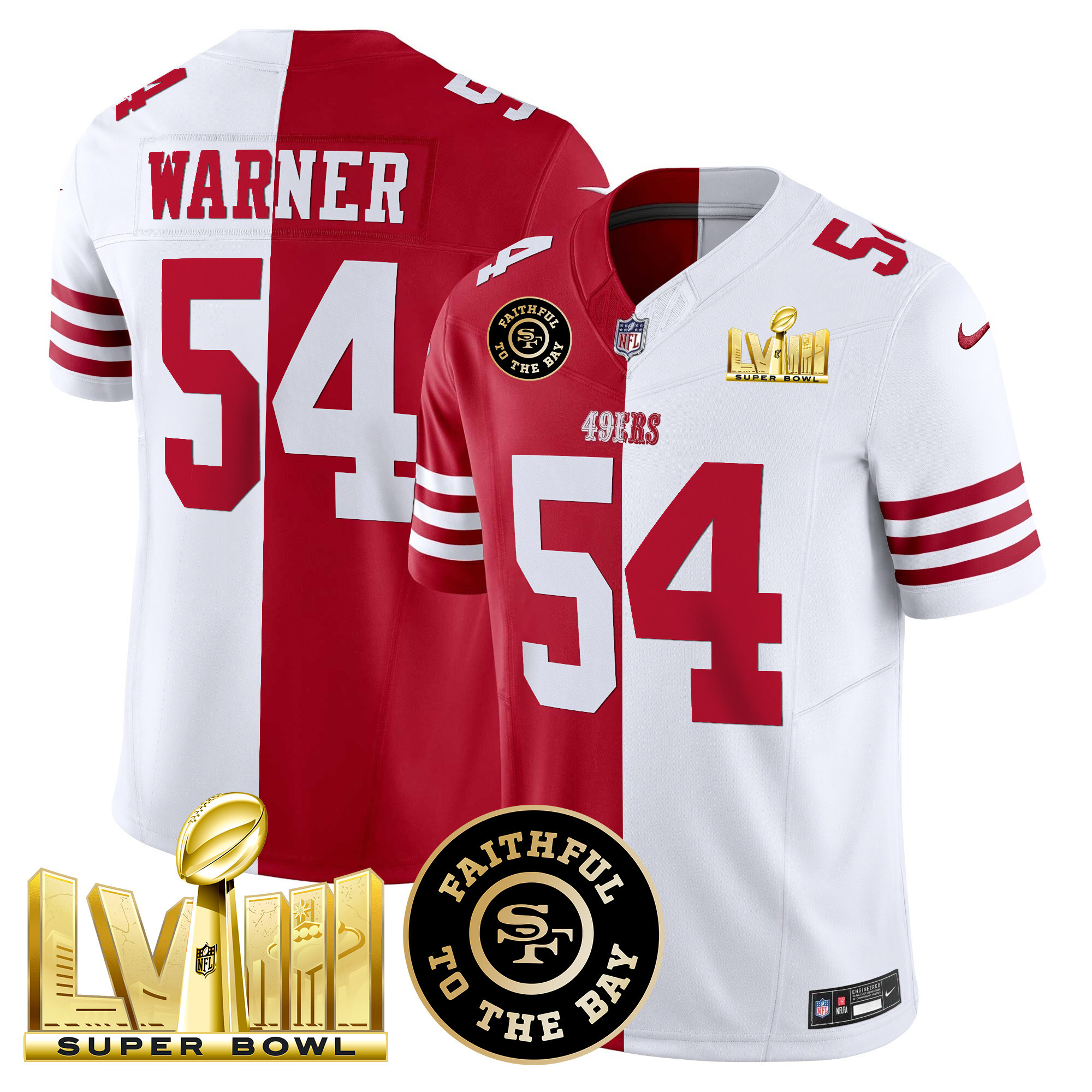Men's Fred Warner San Francisco 49ers Faithful & Super Bowl LVIII Gold Patch Vapor Split Jersey V2 - All Stitched