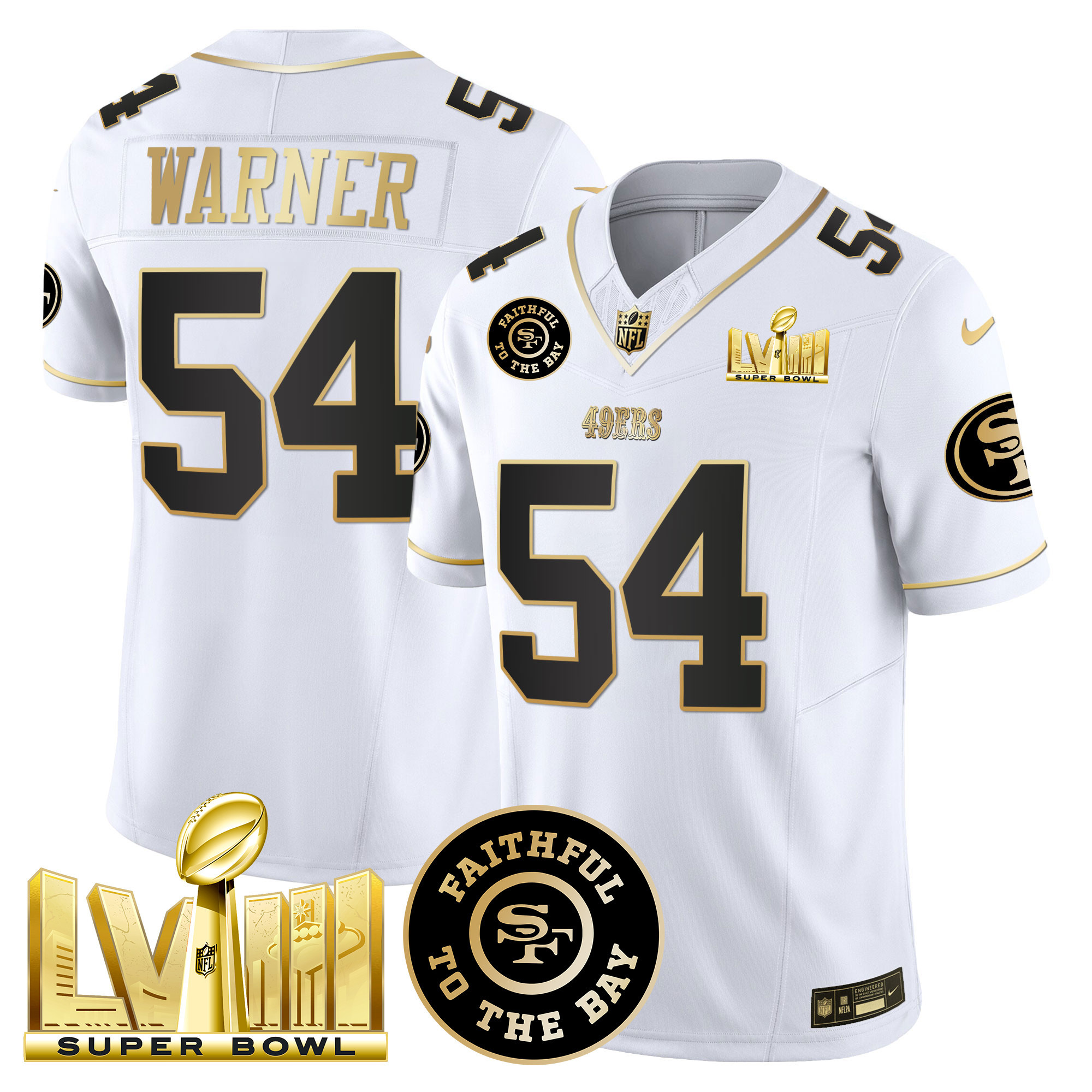 Men's Fred Warner San Francisco 49ers Faithful & Super Bowl LVIII Gold Patch Vapor White Gold Jersey V2 - All Stitched