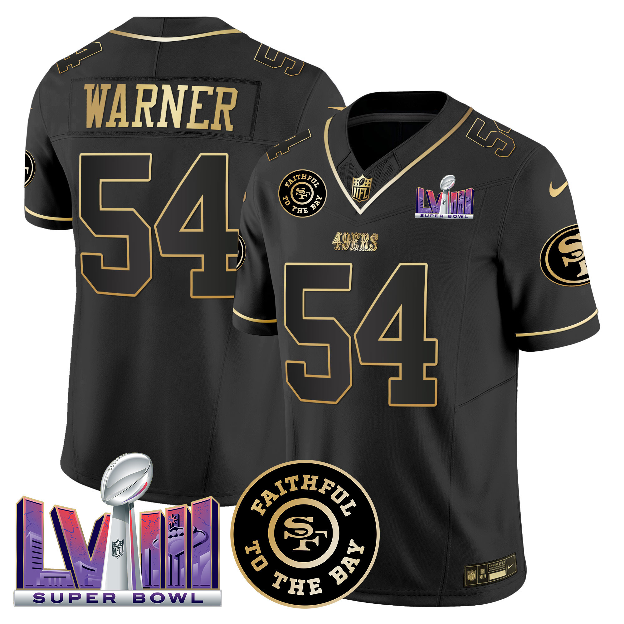 Men's Fred Warner San Francisco 49ers Faithful & Super Bowl LVIII Patch Vapor Black Gold Jersey V2 - All Stitched
