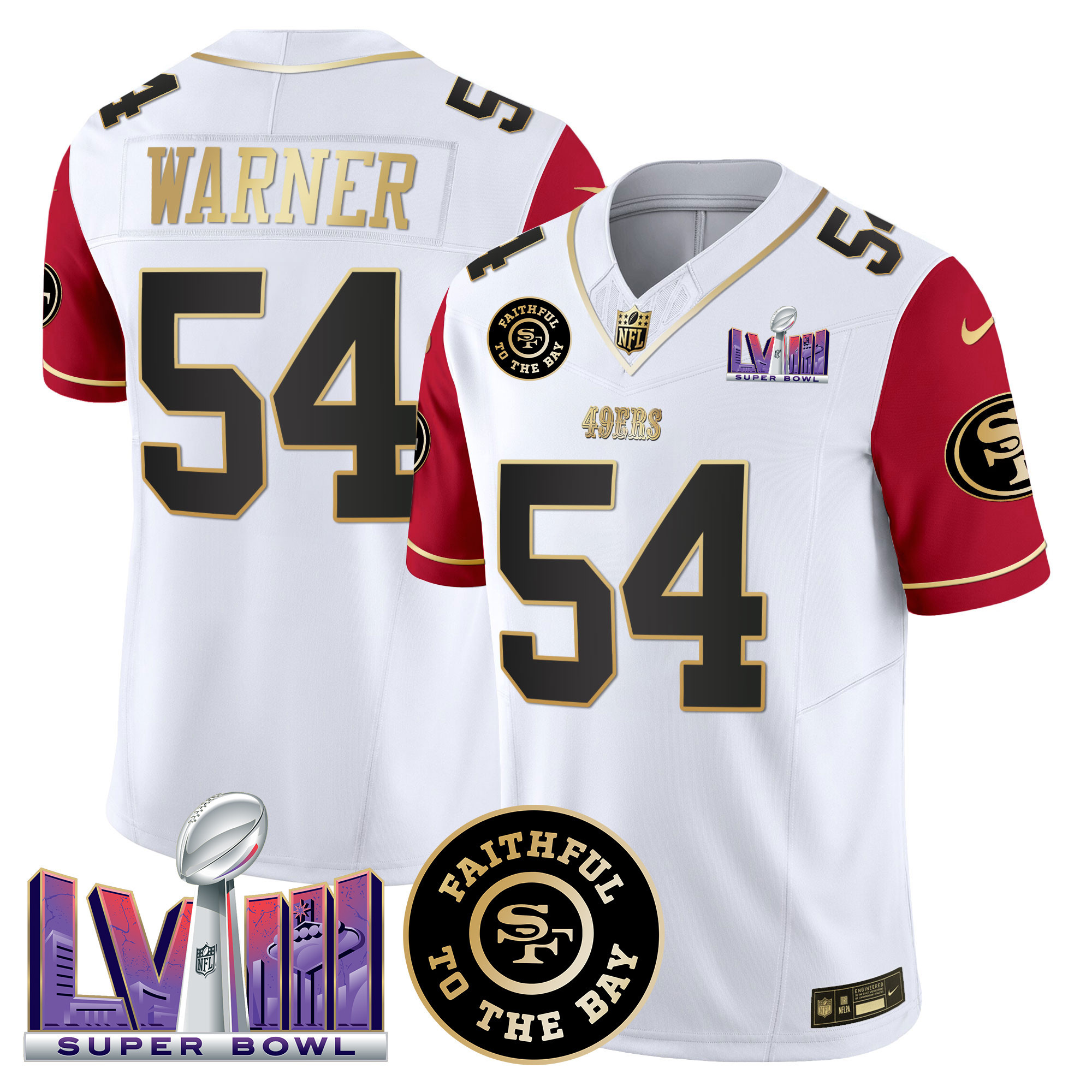 Men's Fred Warner San Francisco 49ers Faithful & Super Bowl LVIII Patch Vapor Color Sleeves Jersey V2 - All Stitched