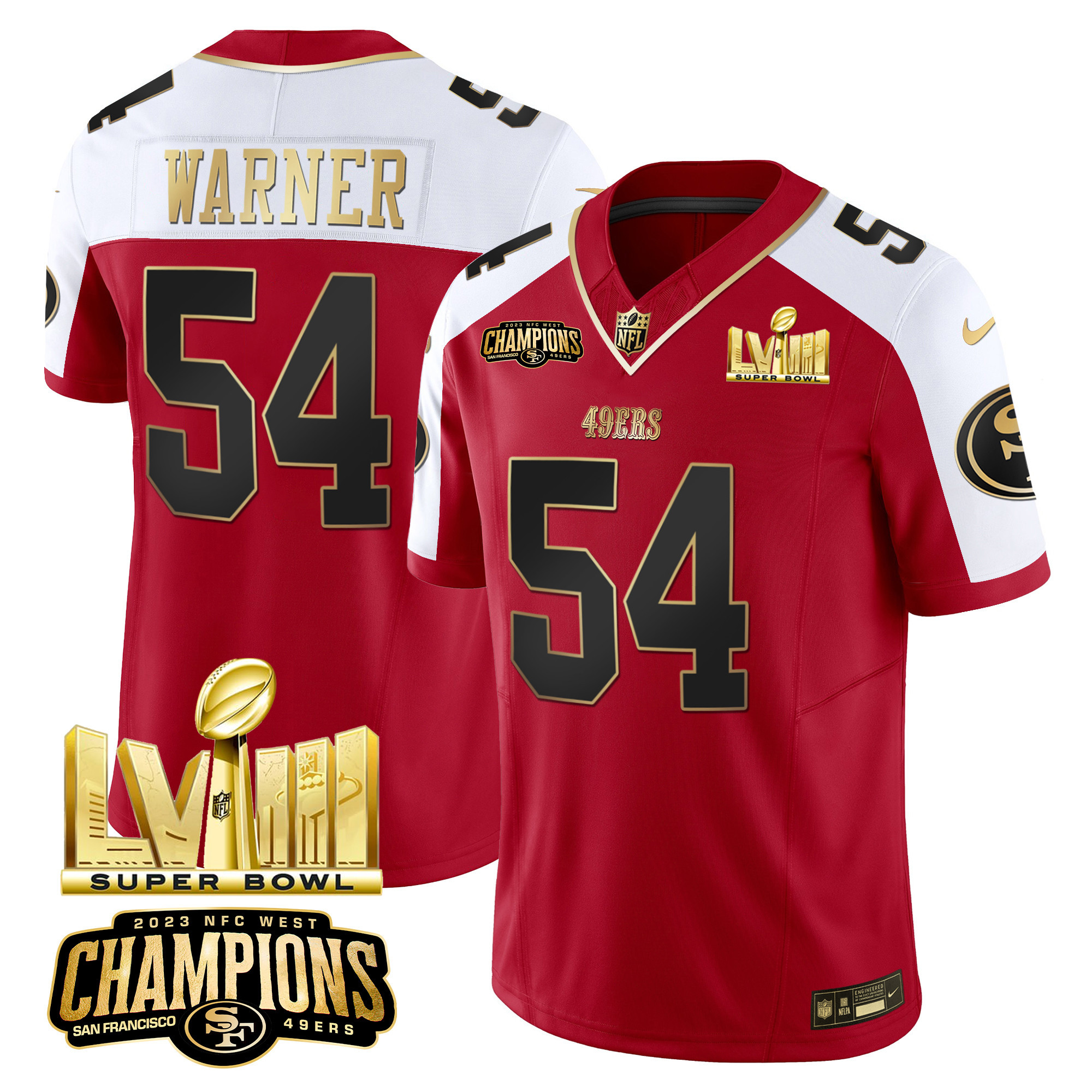 Men's Fred Warner San Francisco 49ers NFC West Champions & Super Bowl LVIII Gold Patch Vapor Alternate Jersey - All Stitched