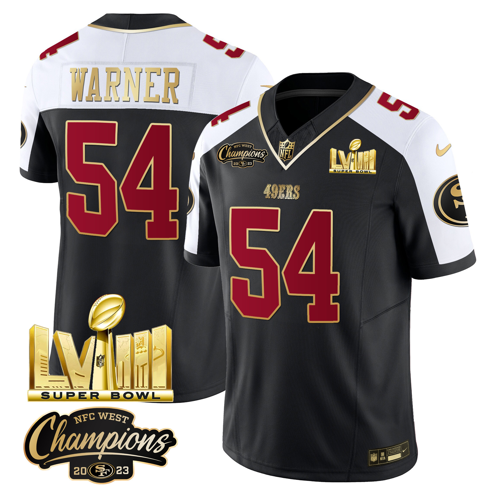 Men's Fred Warner San Francisco 49ers NFC West Champions & Super Bowl LVIII Gold Patch Vapor Black Alternate Jersey V2 - All Stitched