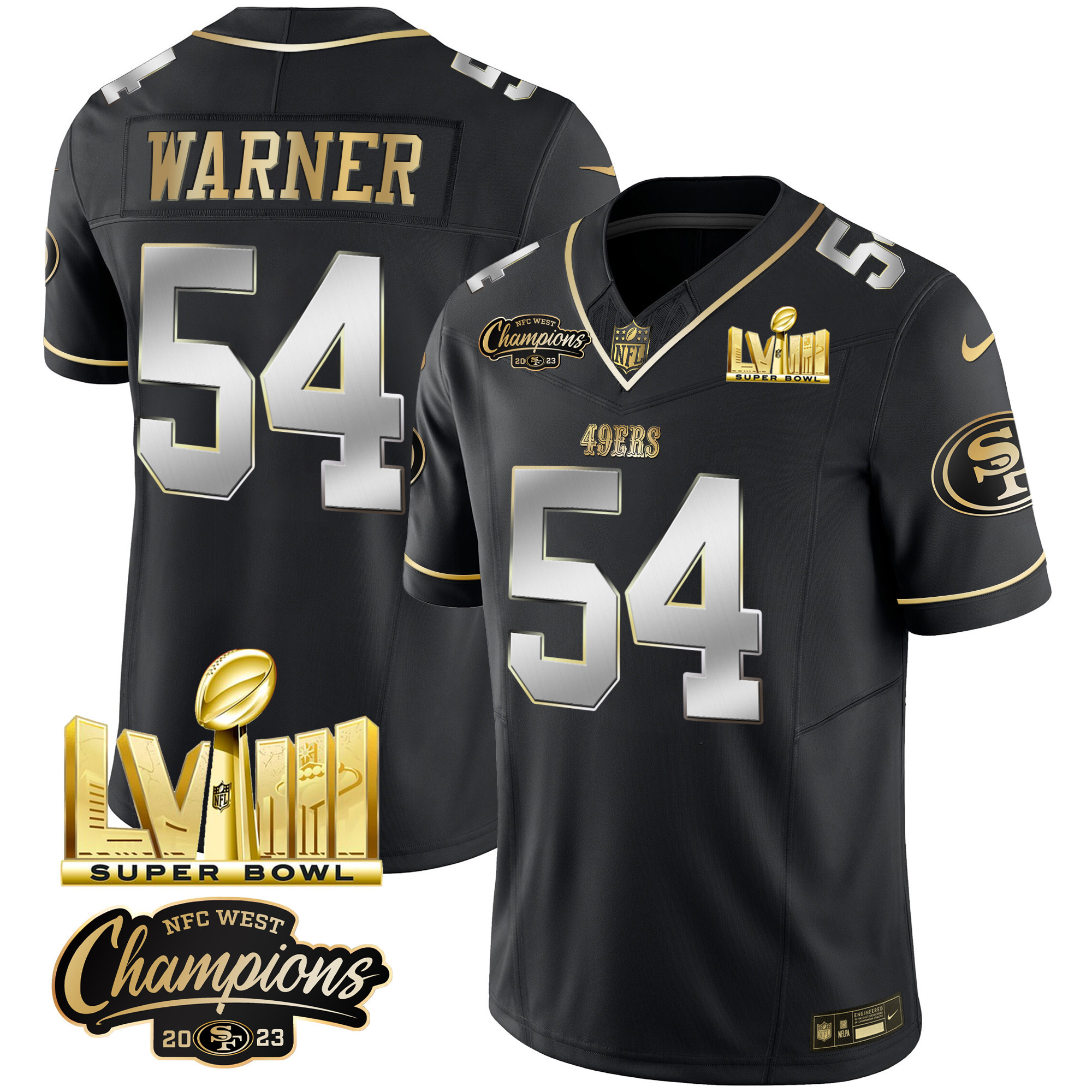 Men's Fred Warner San Francisco 49ers NFC West Champions & Super Bowl LVIII Gold Patch Vapor Black Limited Jersey V2 - All Stitched