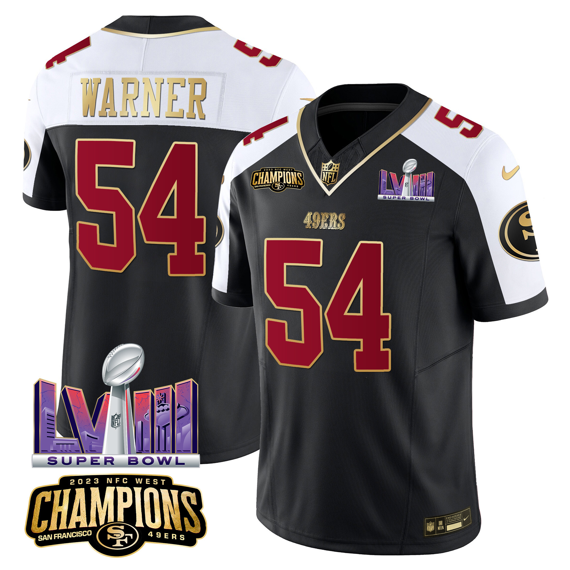 Men's Fred Warner San Francisco 49ers NFC West Champions & Super Bowl LVIII Patch Vapor Black Alternate Jersey - All Stitched