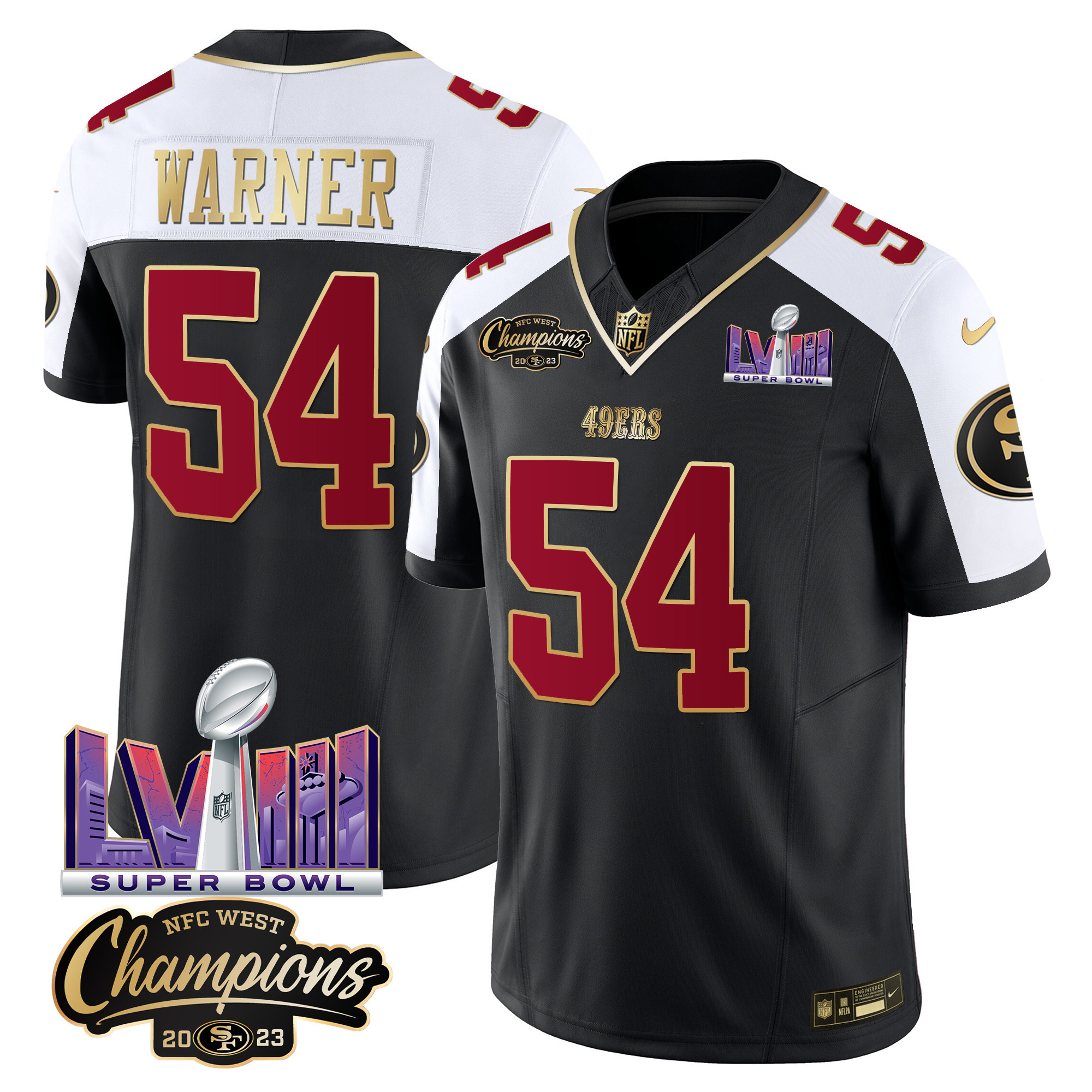 Men's Fred Warner San Francisco 49ers NFC West Champions & Super Bowl LVIII Patch Vapor Black Alternate Jersey V2 - All Stitched