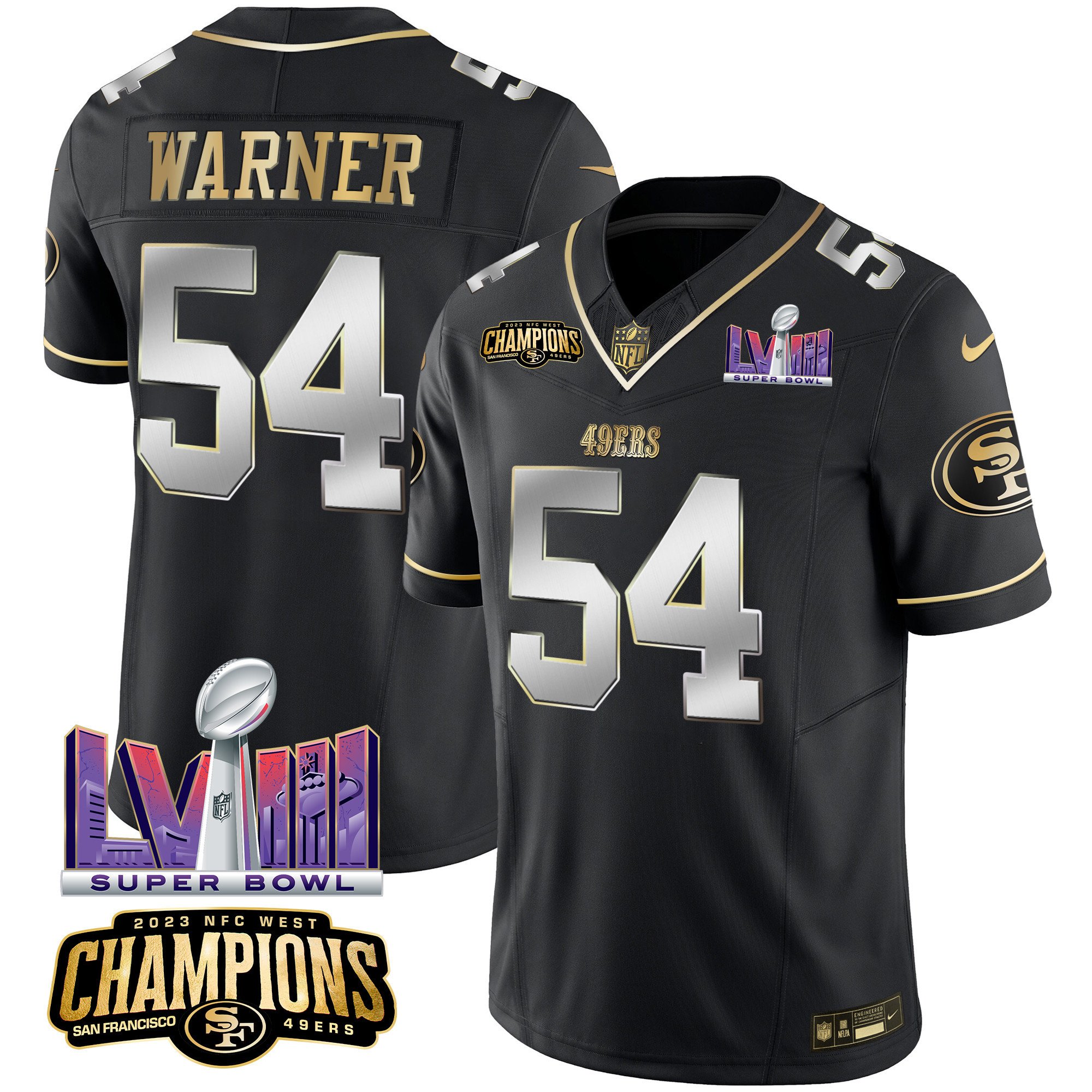 Men's Fred Warner San Francisco 49ers NFC West Champions & Super Bowl LVIII Patch Vapor Black Limited Jersey - All Stitched
