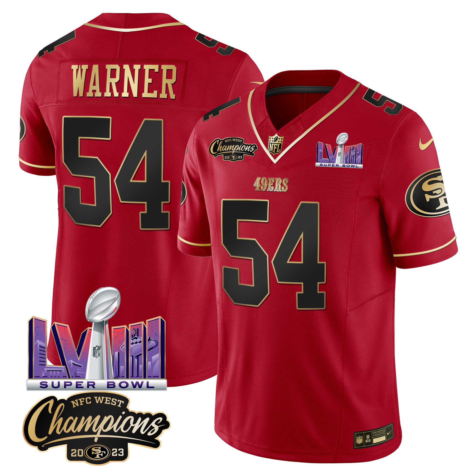 Men's Fred Warner San Francisco 49ers NFC West Champions & Super Bowl LVIII Patch Vapor Scarlet Limited Jersey V2 - All Stitched