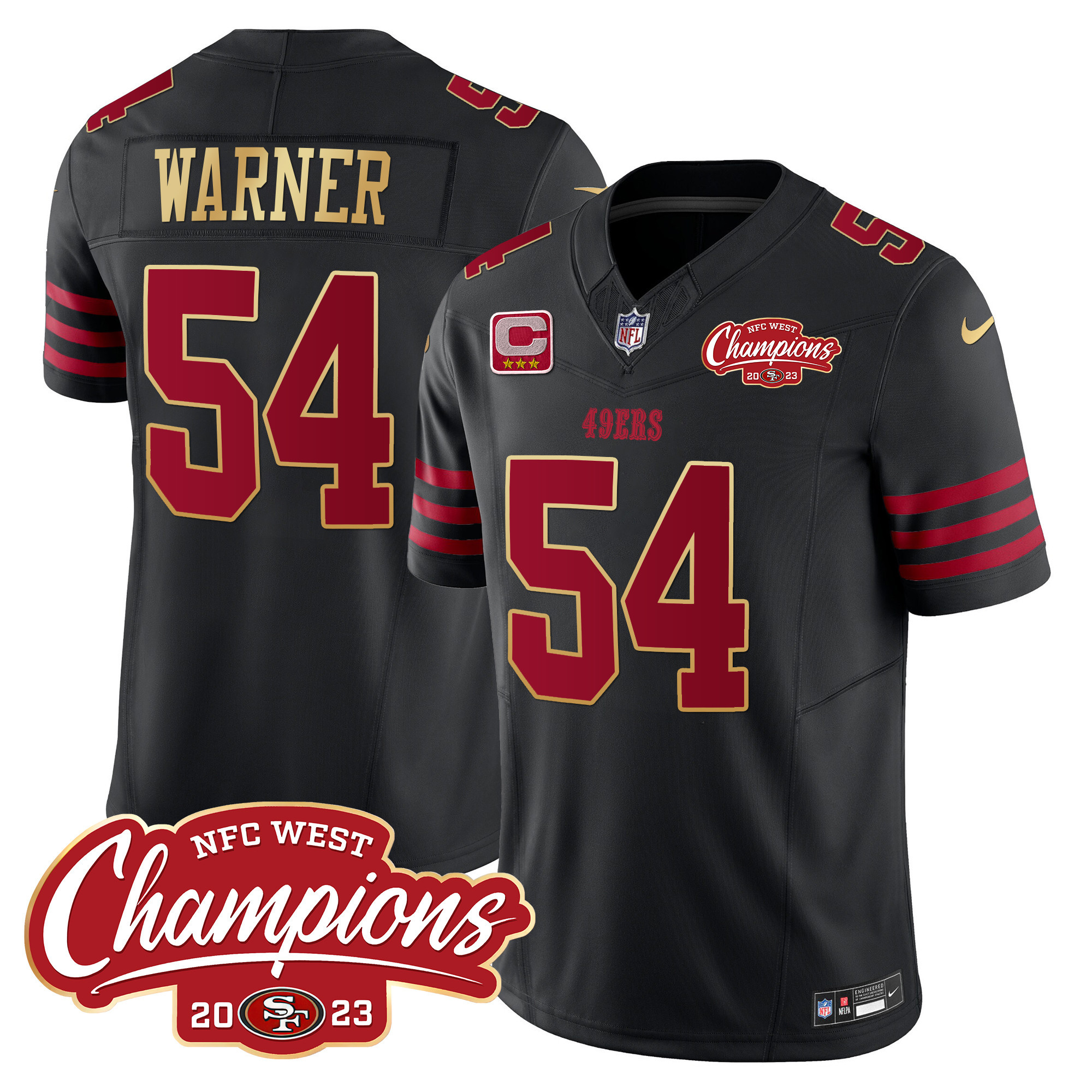 Men's Fred Warner San Francisco 49ers NFC West Champions Gold Trim Vapor Black Jersey - All Stitched
