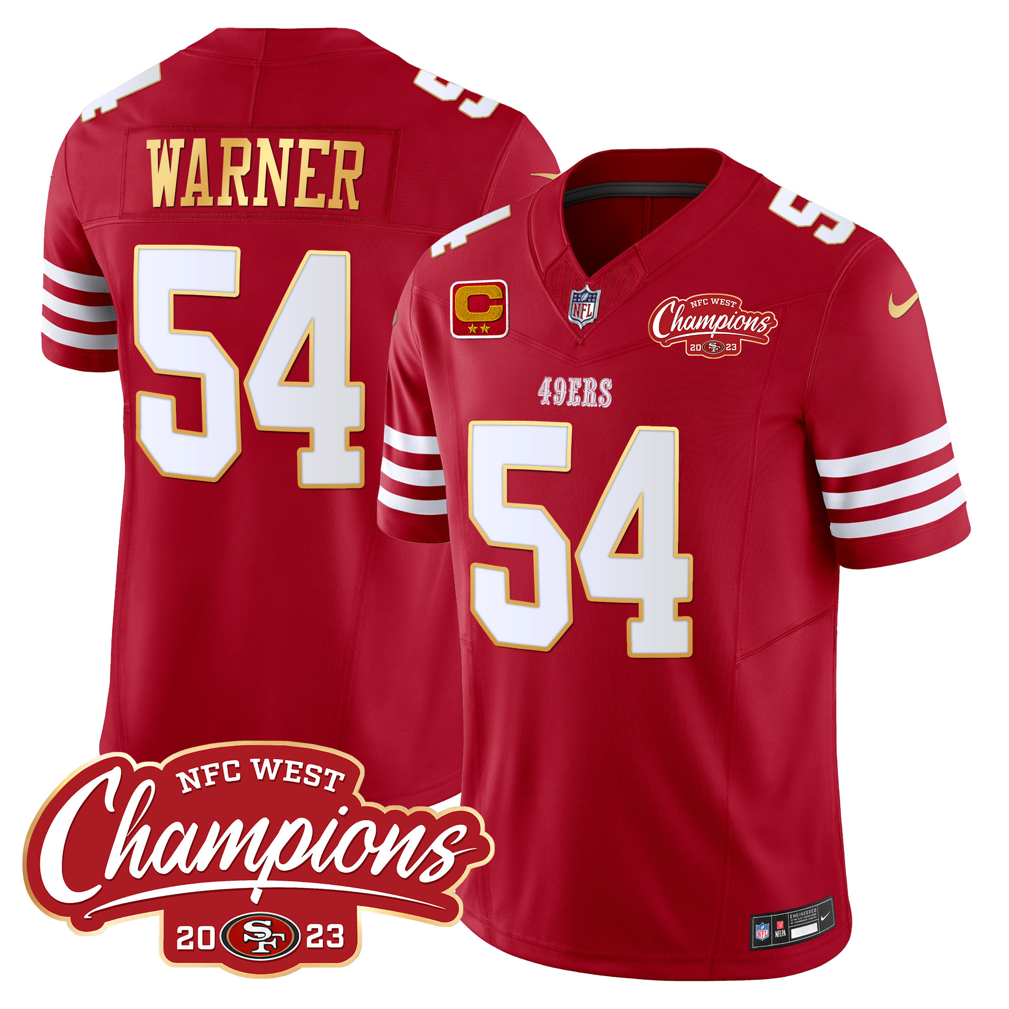 Men's Fred Warner San Francisco 49ers NFC West Champions Gold Trim Vapor Red Jersey - All Stitched