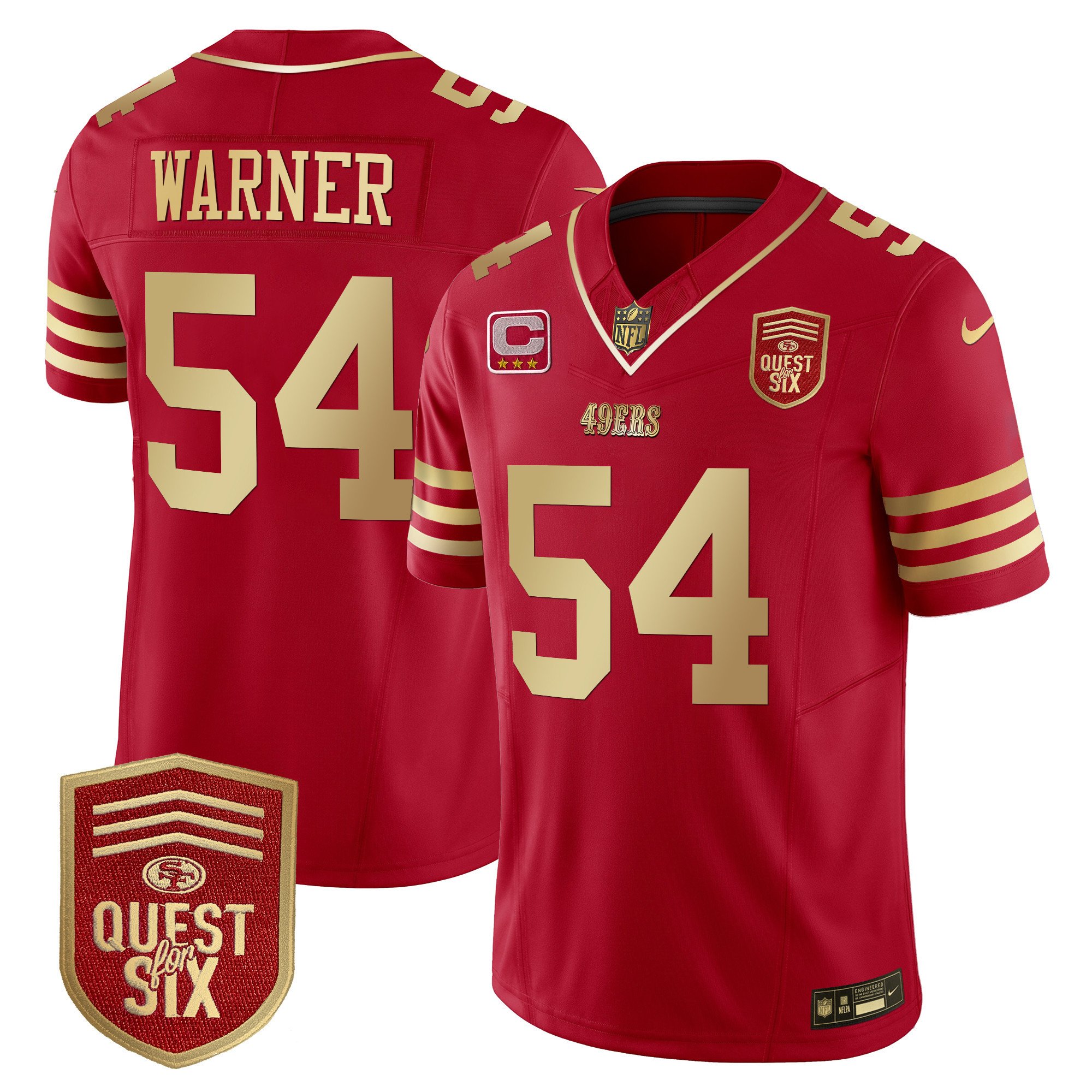 Men's Fred Warner San Francisco 49ers Quest For Six Patch Vapor Limited Scarlet Gold Jersey - All Stitched