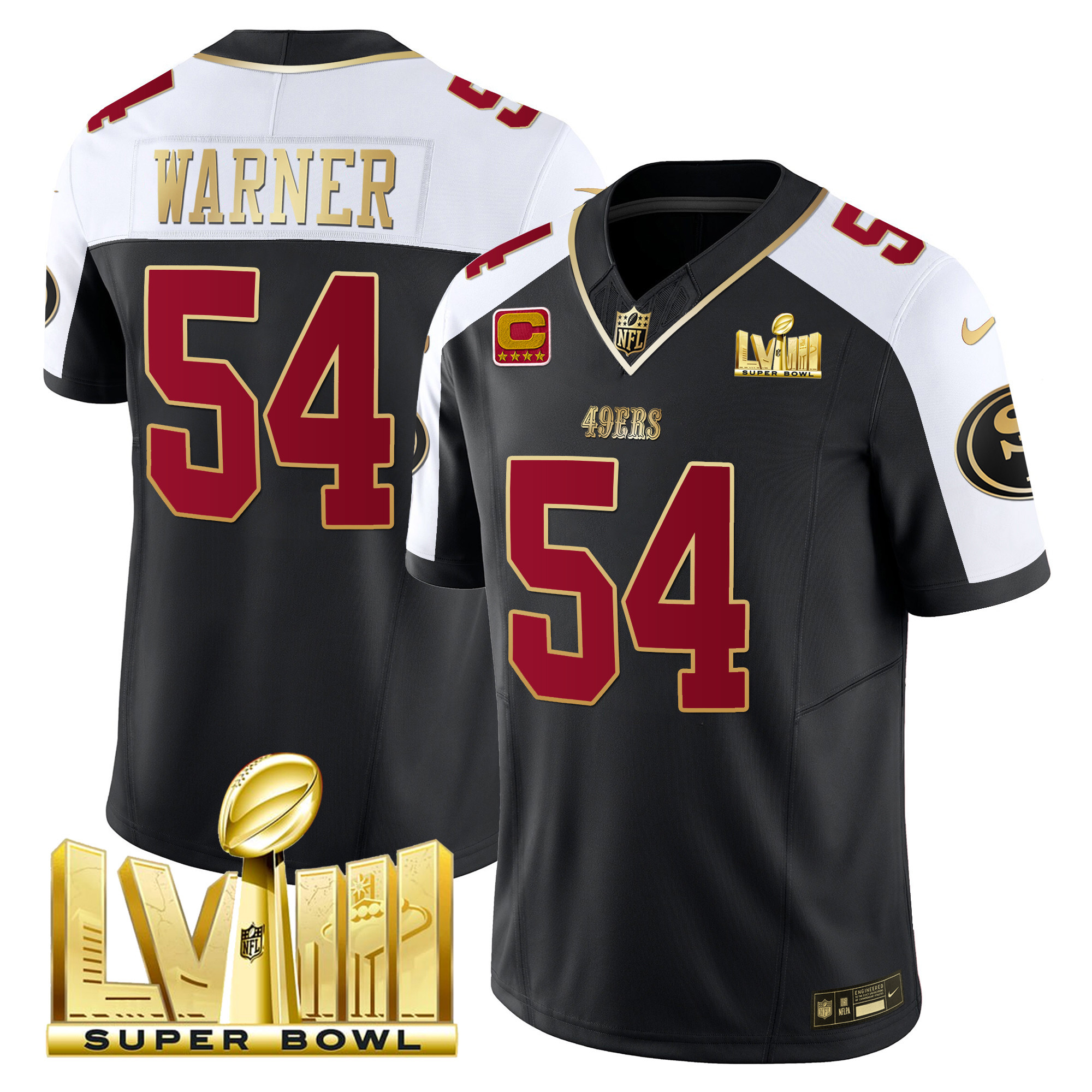 Men's Fred Warner San Francisco 49ers Super Bowl LVIII Gold Patch Vapor Black Alternate Jersey - All Stitched