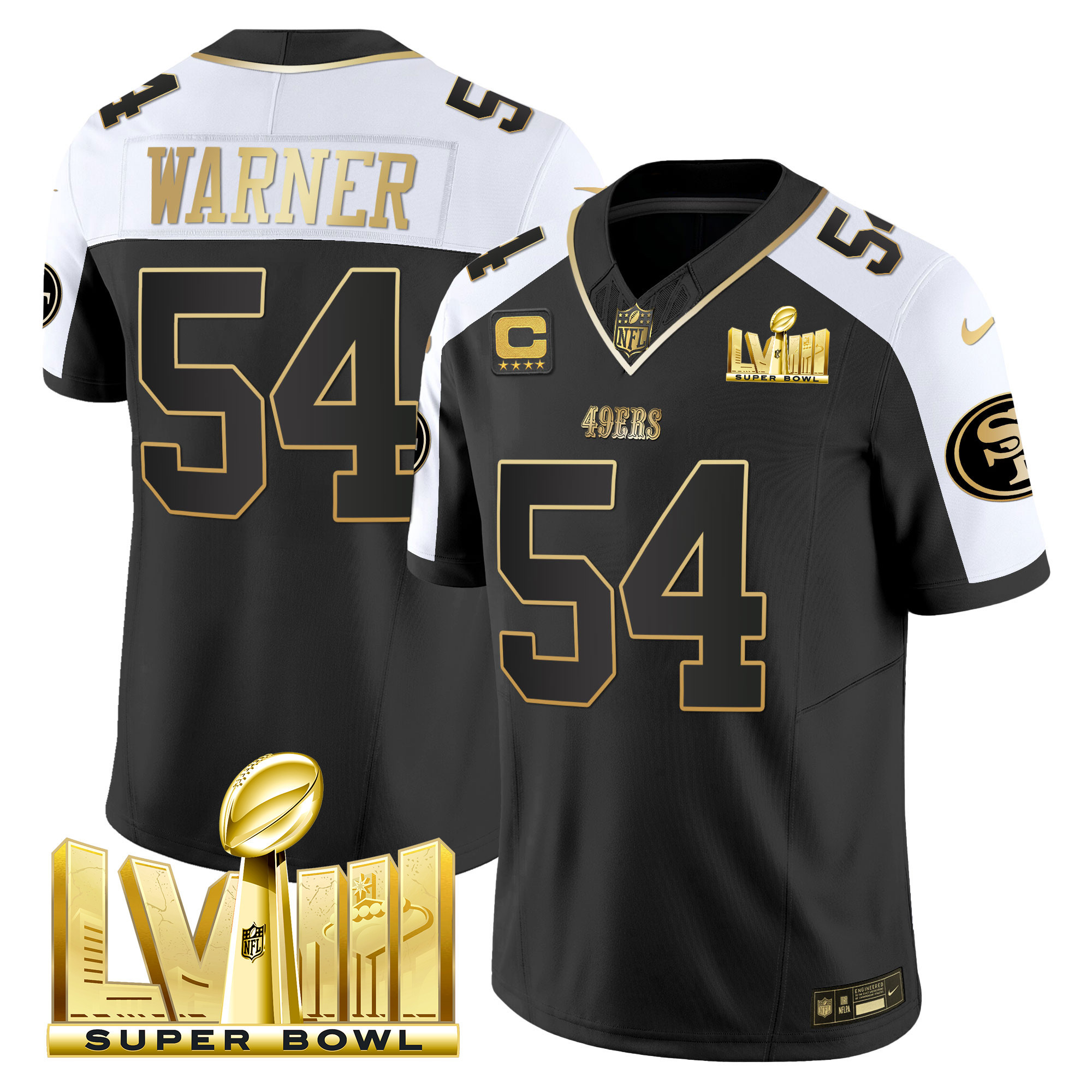 Men's Fred Warner San Francisco 49ers Super Bowl LVIII Gold Patch Vapor Black Alternate Jersey V2 - All Stitched