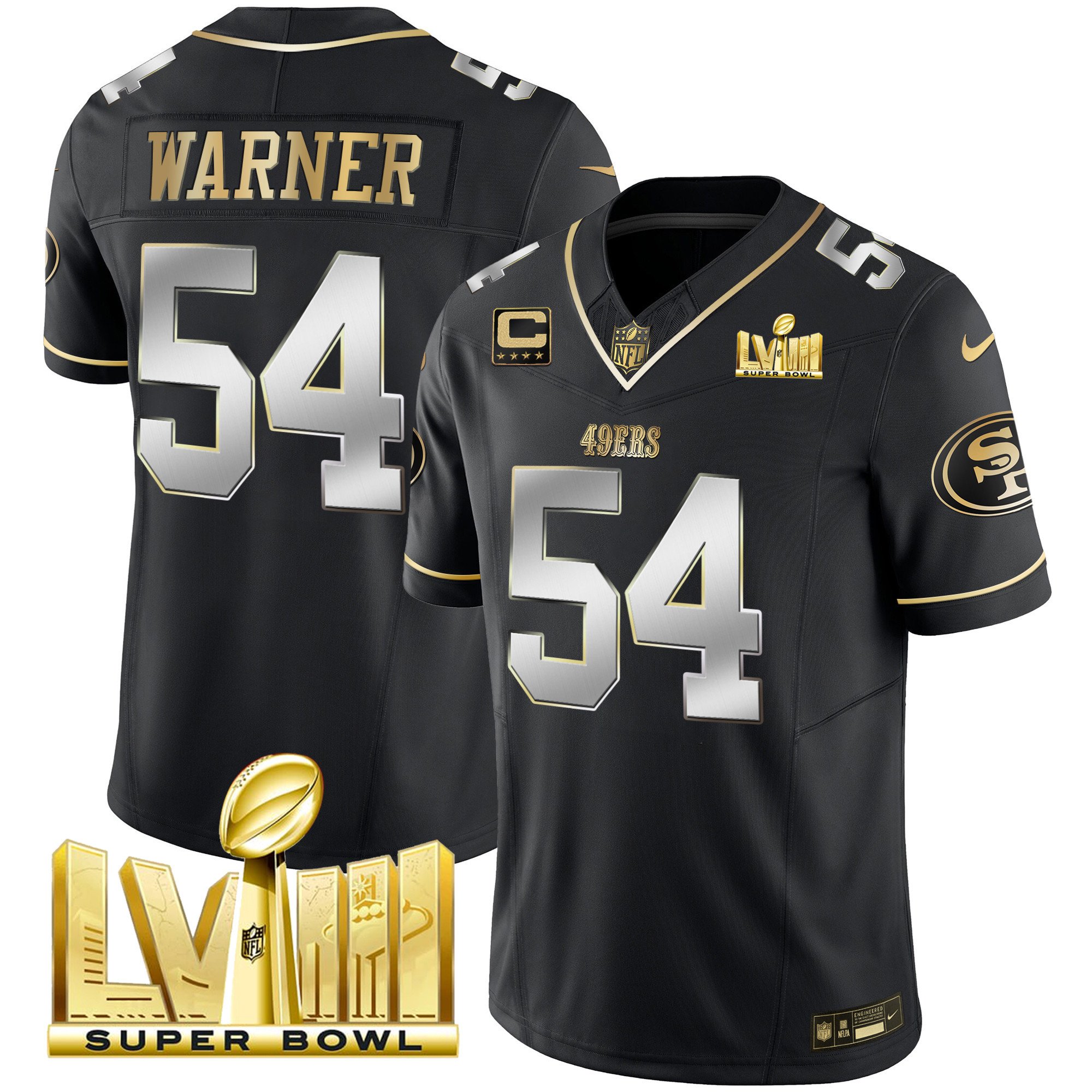 Men's Fred Warner San Francisco 49ers Super Bowl LVIII Gold Patch Vapor Black Limited Jersey - All Stitched