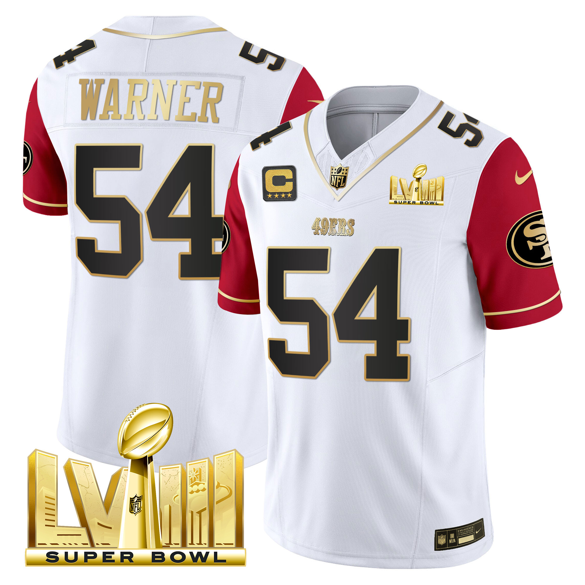 Men's Fred Warner San Francisco 49ers Super Bowl LVIII Gold Patch Vapor Color Sleeves Jersey V2 - All Stitched