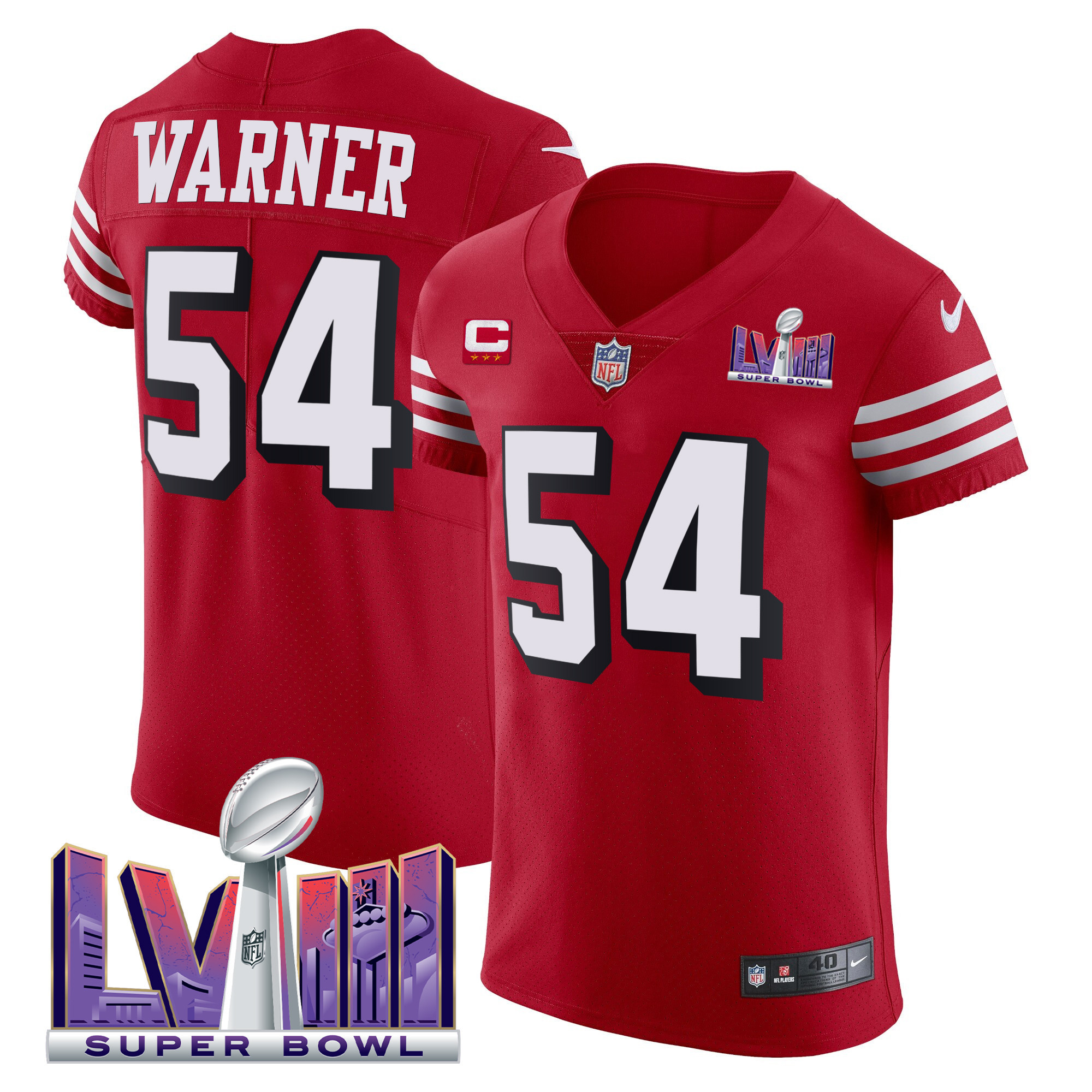 Men's Fred Warner San Francisco 49ers Super Bowl LVIII Gold Patch Vapor Elite Red Jersey - All Stitched