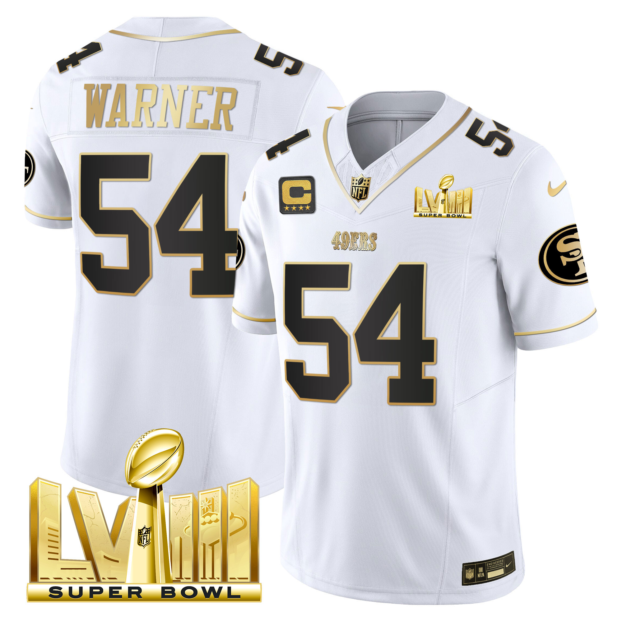 Men's Fred Warner San Francisco 49ers Super Bowl LVIII Gold Patch Vapor White Gold Jersey V2 - All Stitched