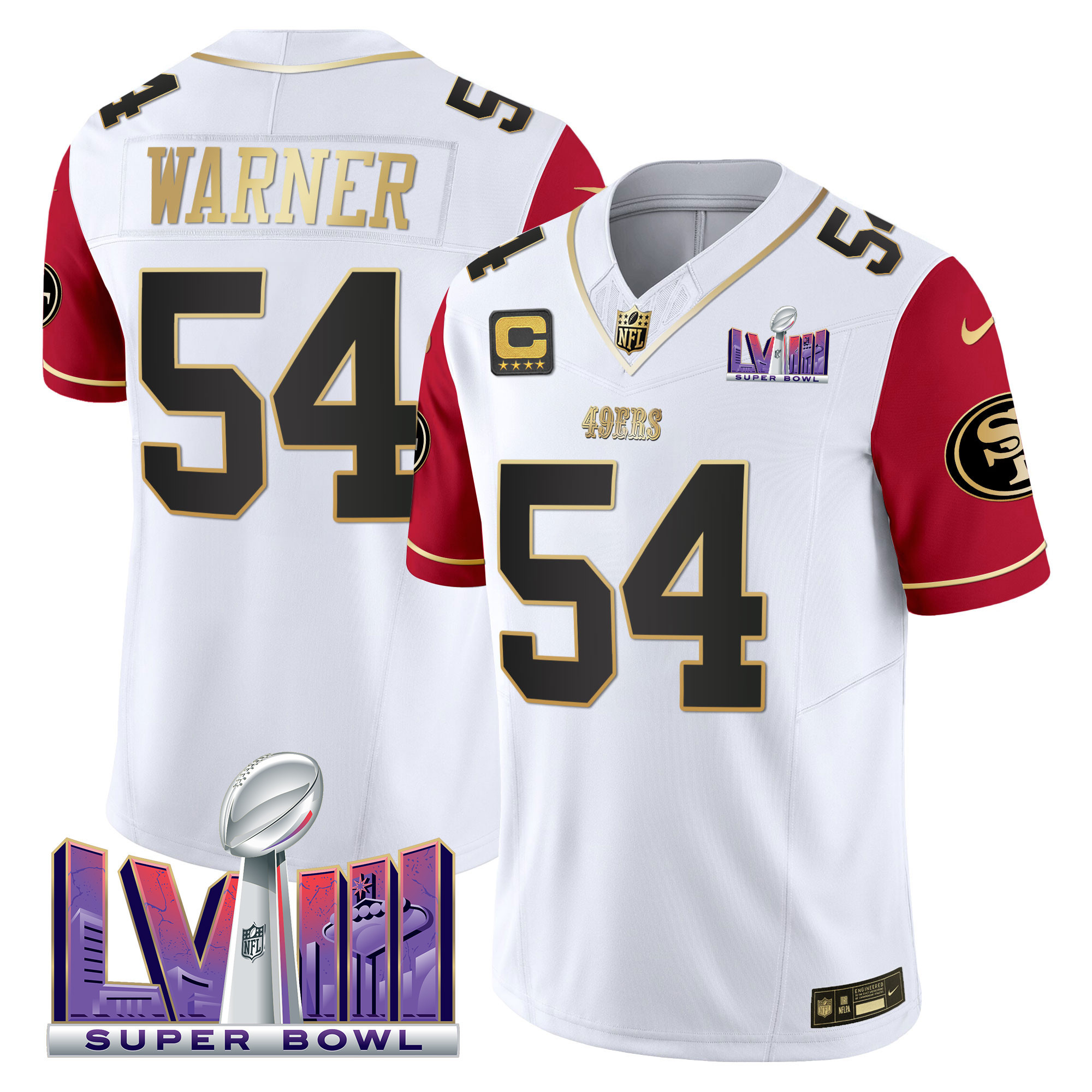 Men's Fred Warner San Francisco 49ers Super Bowl LVIII Patch Vapor Color Sleeves Jersey V2 - All Stitched