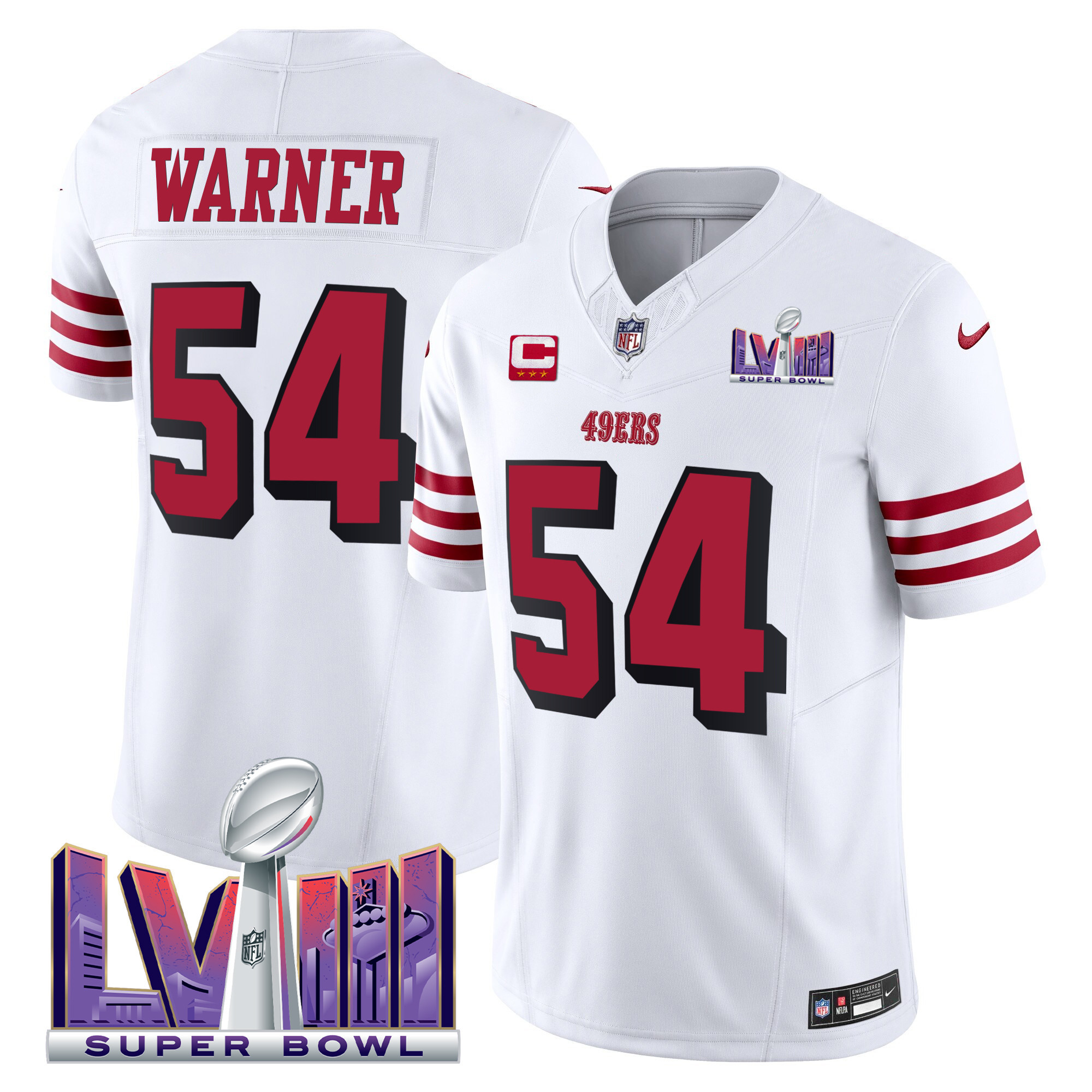 Men's Fred Warner San Francisco 49ers Super Bowl LVIII Patch Vapor Limited White Jersey V2 - All Stitched
