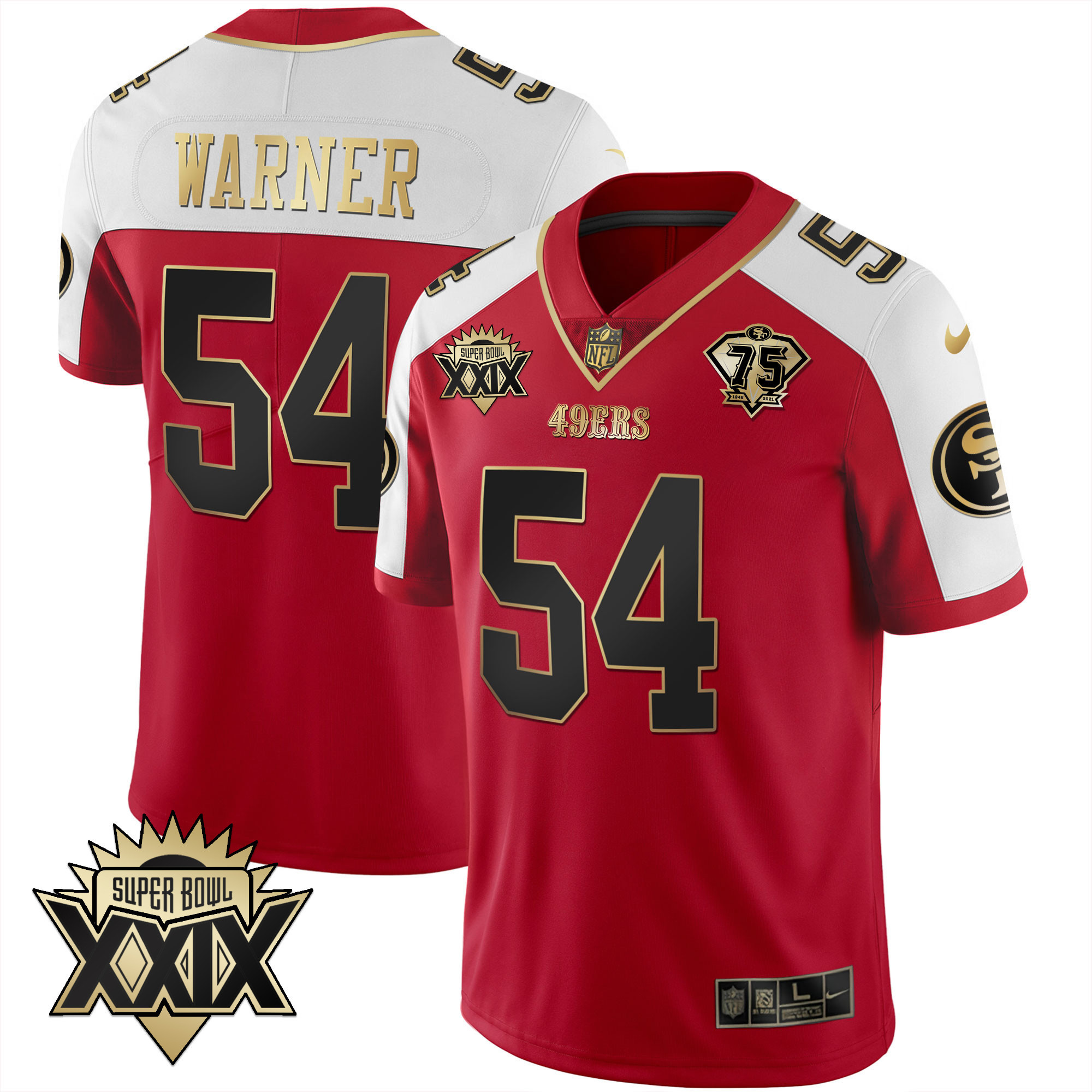Men's Fred Warner San Francisco 49ers Super Bowl XXIX Patch Black Red Gold Red Alternate Jersey - All Stitched