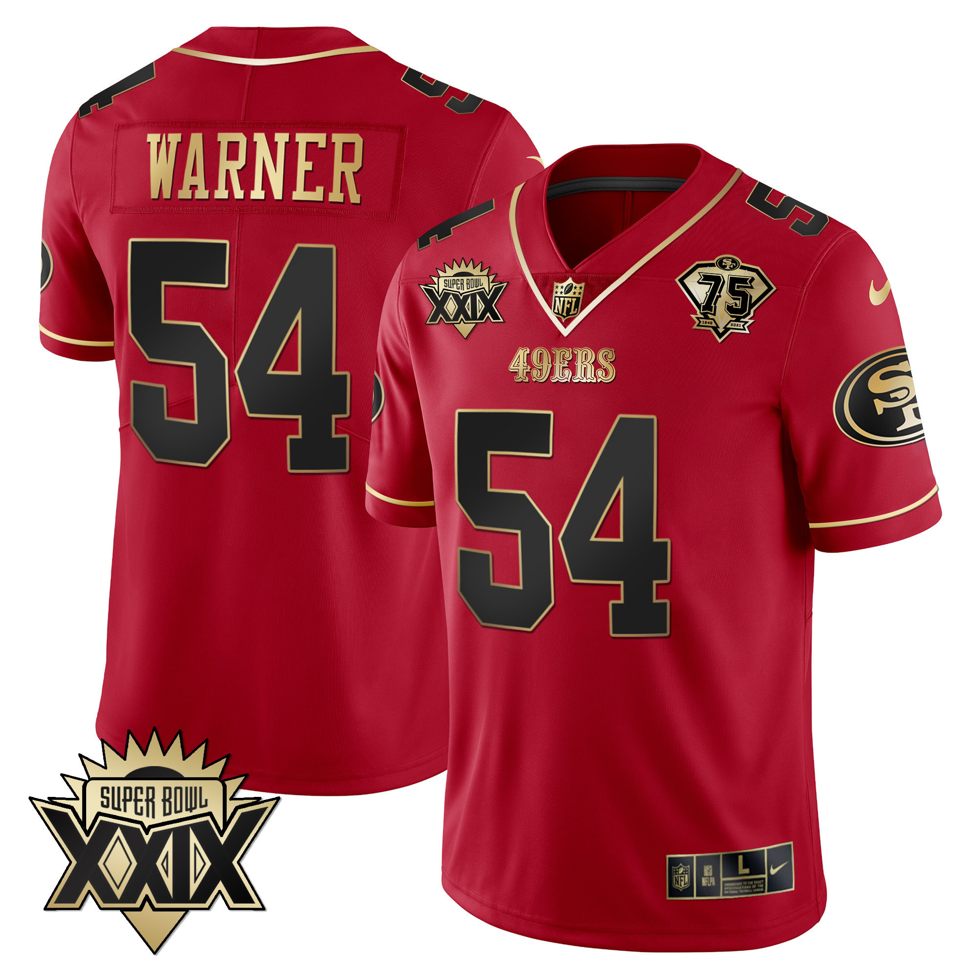 Men's Fred Warner San Francisco 49ers Super Bowl XXIX Patch Black Red Gold Red Limited Jersey - All Stitched