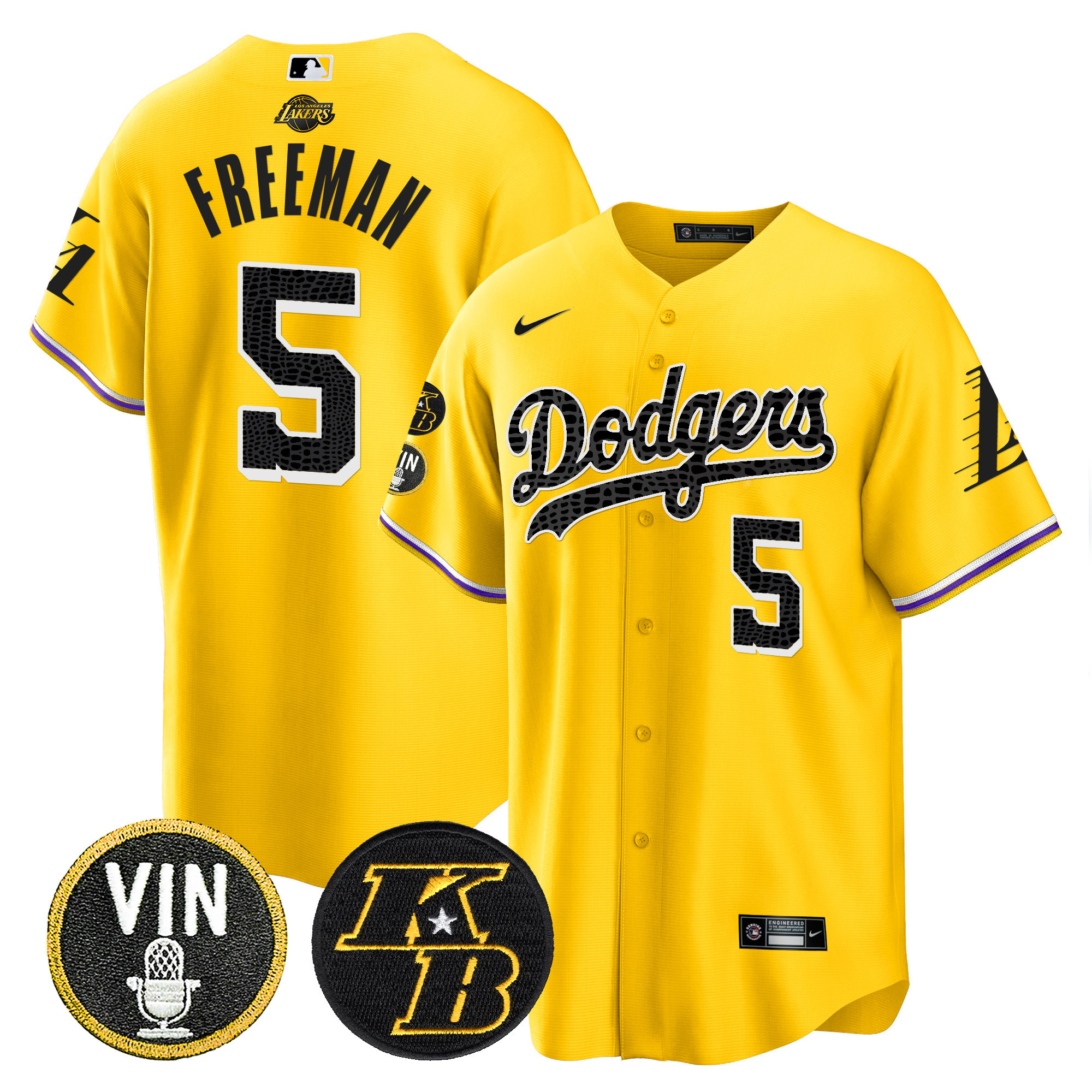 Men's Freddie Freeman Los Angeles Dodgers Bryant & Vin Patch Cool Base Mamba Gold Jersey - All Stitched