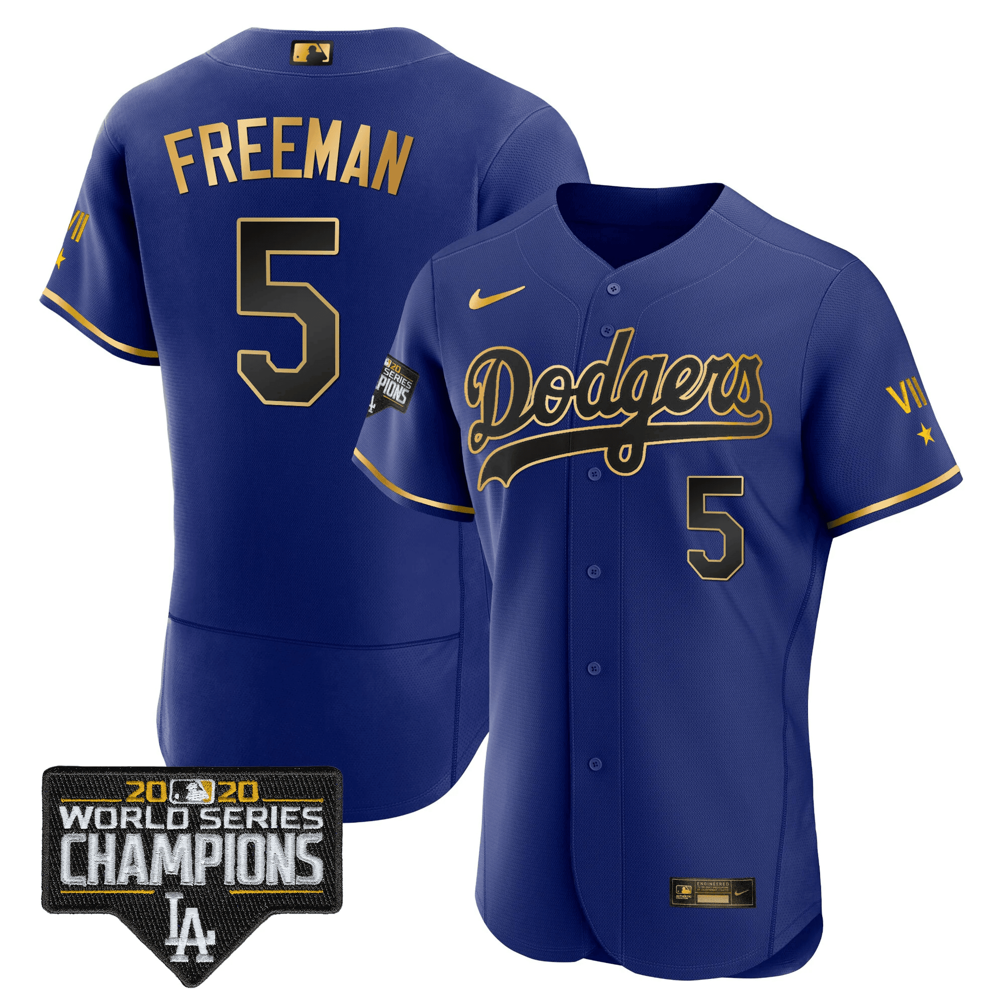 Men's Freddie Freeman Los Angeles Dodgers Royal Gold World Series 2020 Patch Flex Black Royal Jersey - All Stitched
