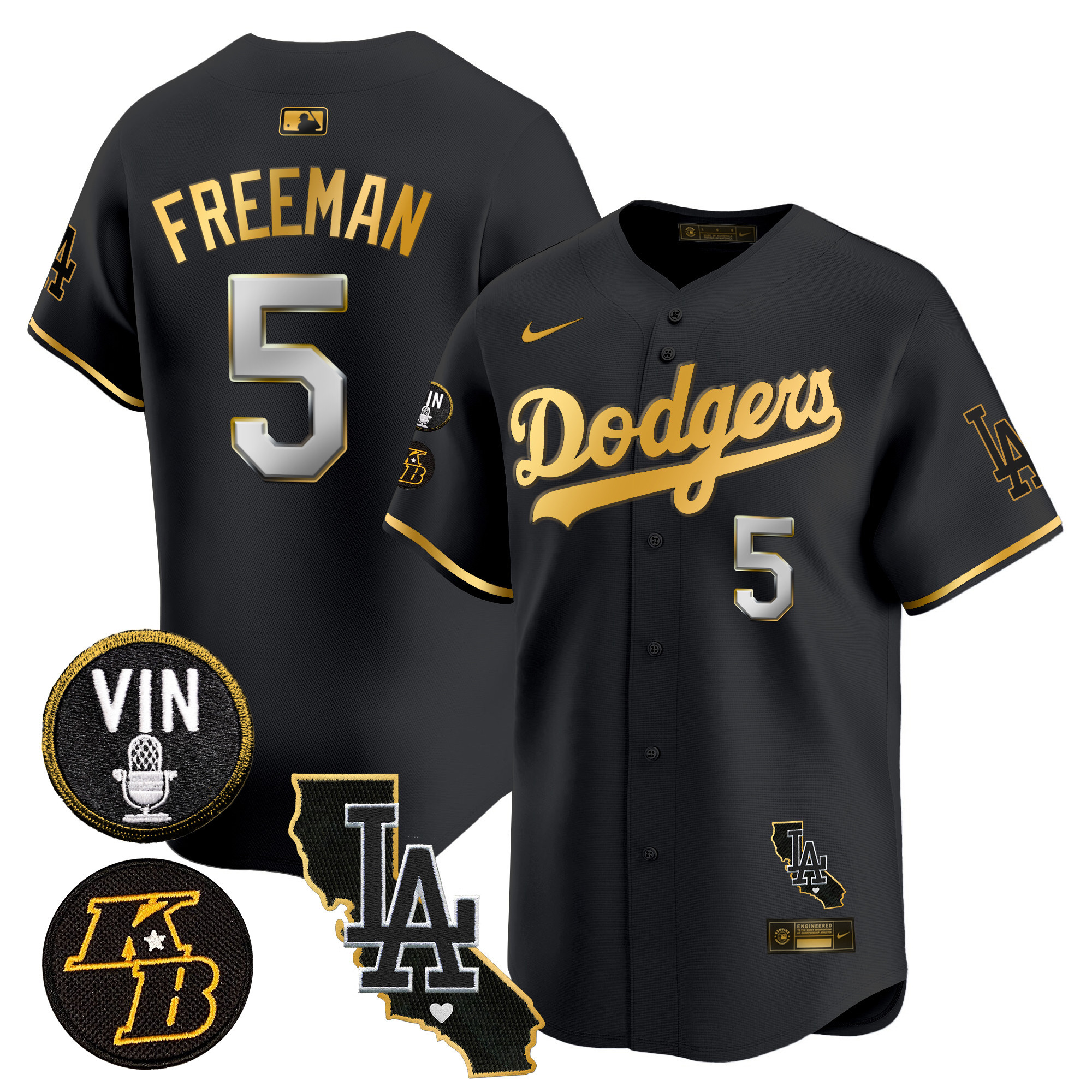 Men's Freddie Freeman Los Angeles Dodgers Vin & Kobe Patch Gold Trim Vapor Premier Limited Black Gold Jersey V2 - All Stitched