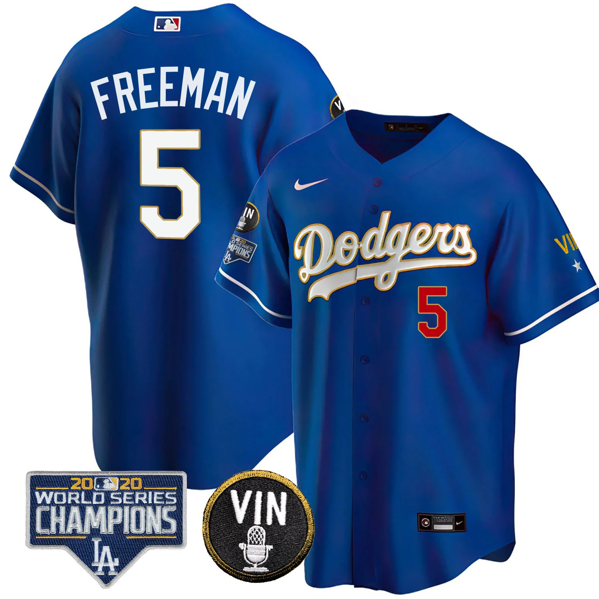 Men's Freddie Freeman Los Angeles Dodgers World Series & Vin Sculy Patch Gold Cool Royal Jersey - All Stitched