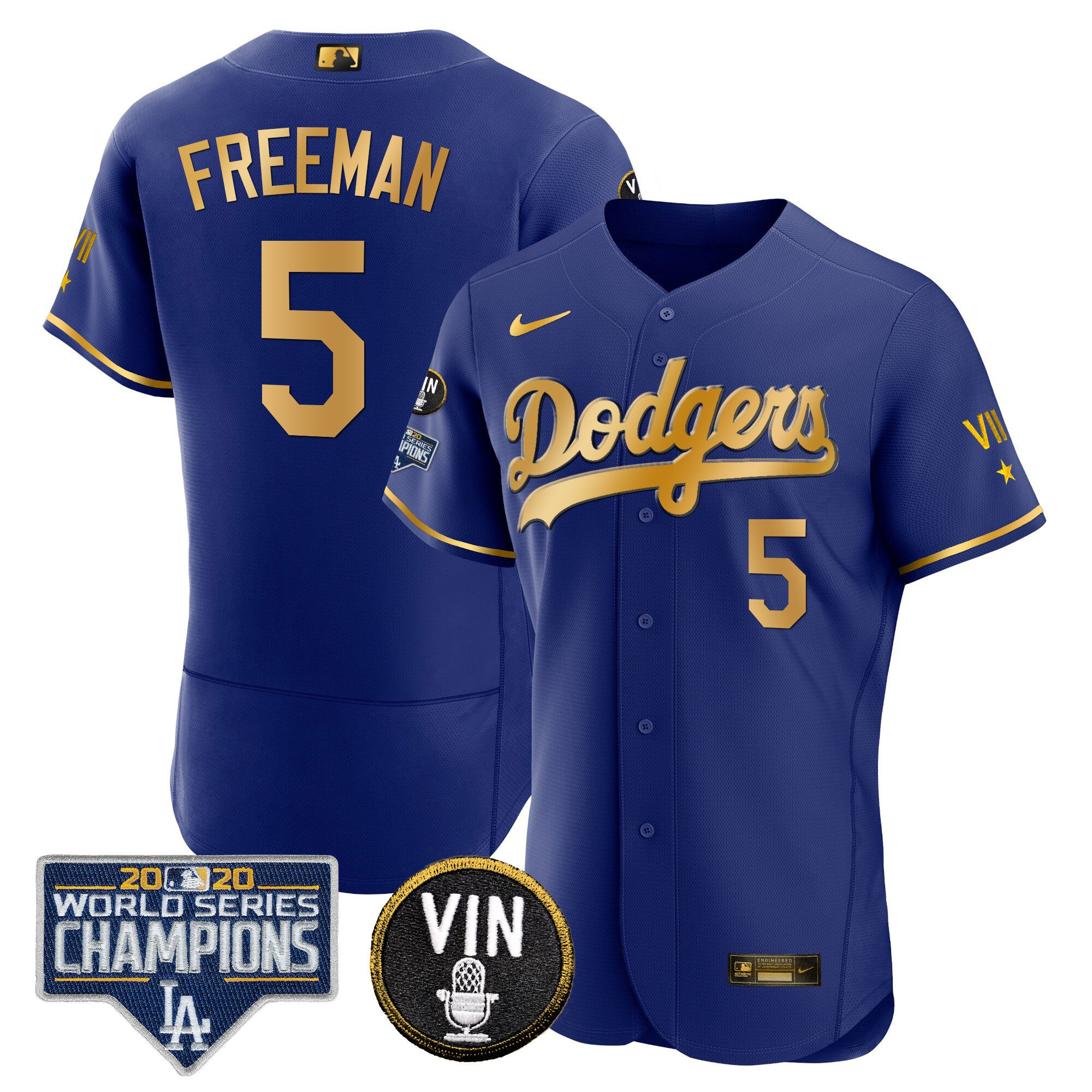 Men's Freddie Freeman Los Angeles Dodgers World Series & Vin Sculy Patch Gold Flex Gold Royal Jersey - All Stitched