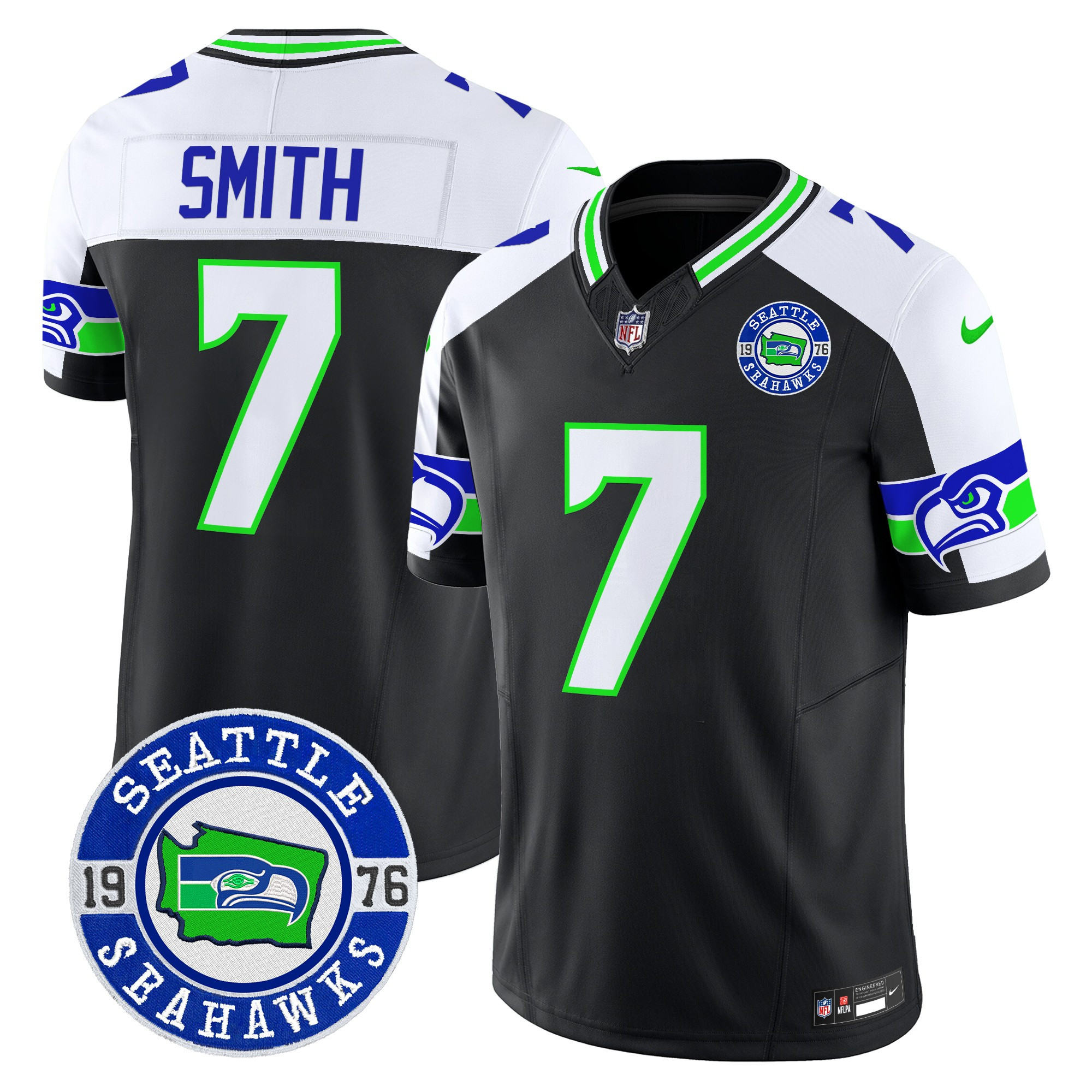 Men's Geno Smith Seattle Seahawks 2024 Seattle Est. 1976 Patch Vapor Limited Black Alternate Jersey - All Stitched