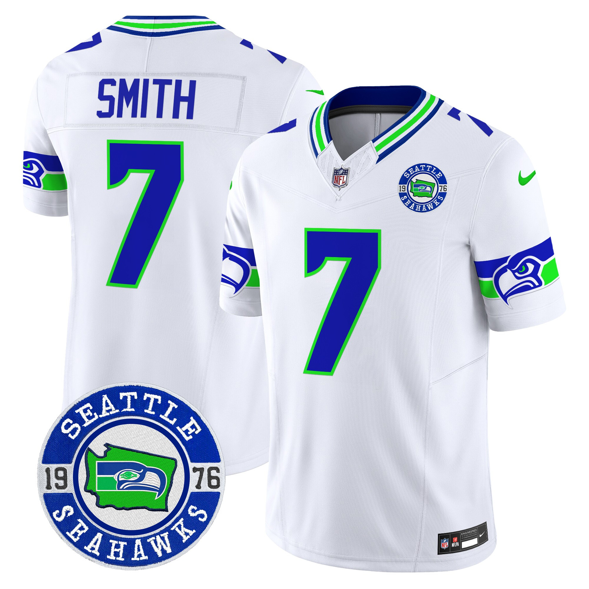 Men's Geno Smith Seattle Seahawks 2024 Seattle Est. 1976 Patch Vapor Limited White Jersey - All Stitched