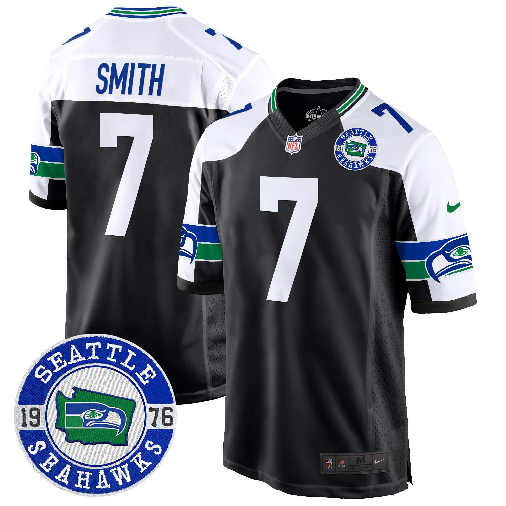 Men's Geno Smith Seattle Seahawks Throwback Est. 1976 Patch Game Black Alternate Jersey - All Stitched